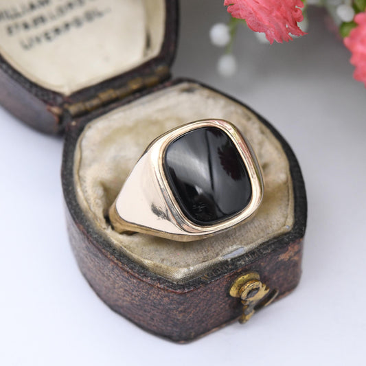 Vintage 9ct Gold Onyx Signet Ring 1985 JCMJ Midlands Jewellers - Large Solid Gold Jewellery Gift for Boyfriend | UK Size - R 1/2 US Size - 9