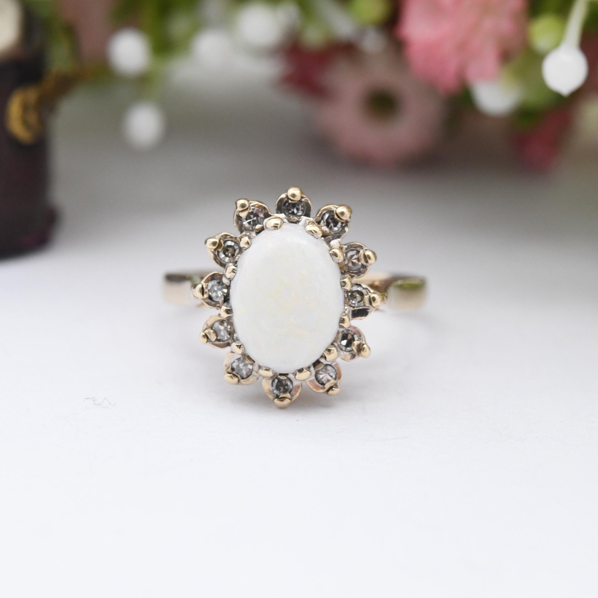 Vintage 9ct Gold Opal and Diamond Halo Ring 1986 - Pretty Mid-Century Floral Ring White Gold Front Gemstones | UK Size - J | US Size - 4 3/4