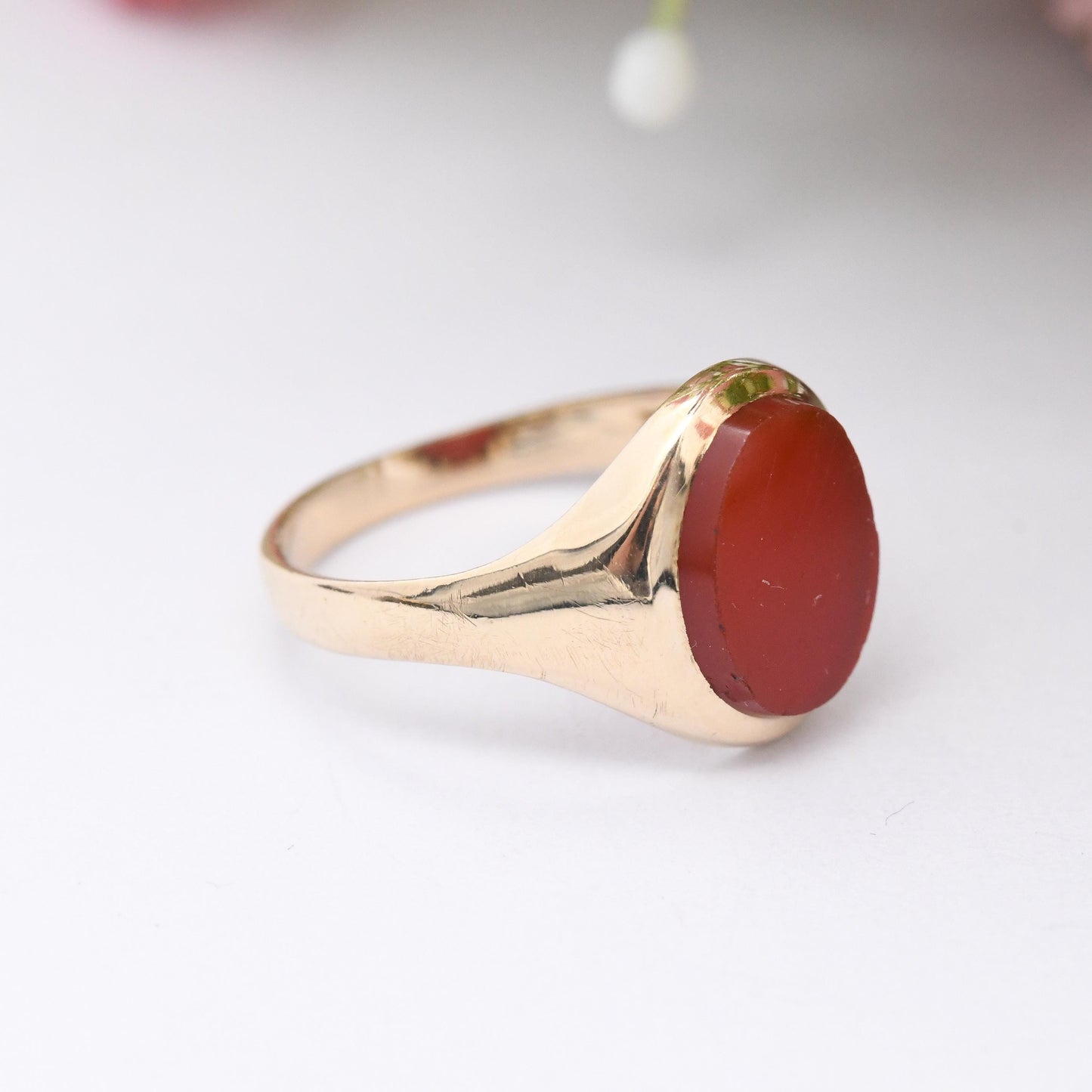 Vintage 9ct Gold Carnelian Signet Ring 1980s - Small Unisex Solid Gold Pinkie Ring | Gift for Boyfriend | UK Size - J | US Size - 4 3/4