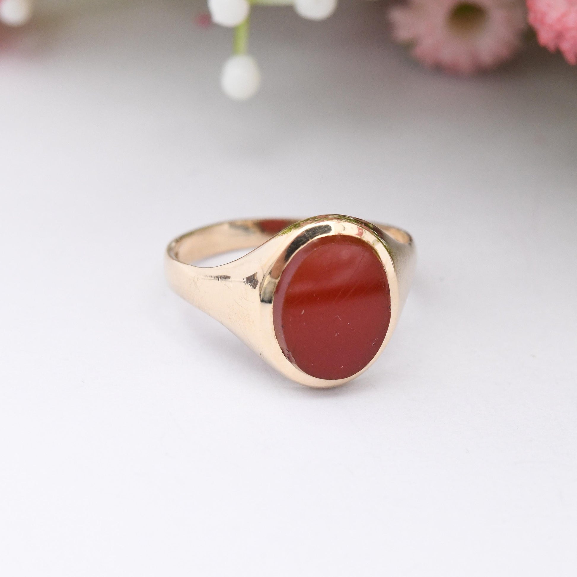 Vintage 9ct Gold Carnelian Signet Ring 1980s - Small Unisex Solid Gold Pinkie Ring | Gift for Boyfriend | UK Size - J | US Size - 4 3/4