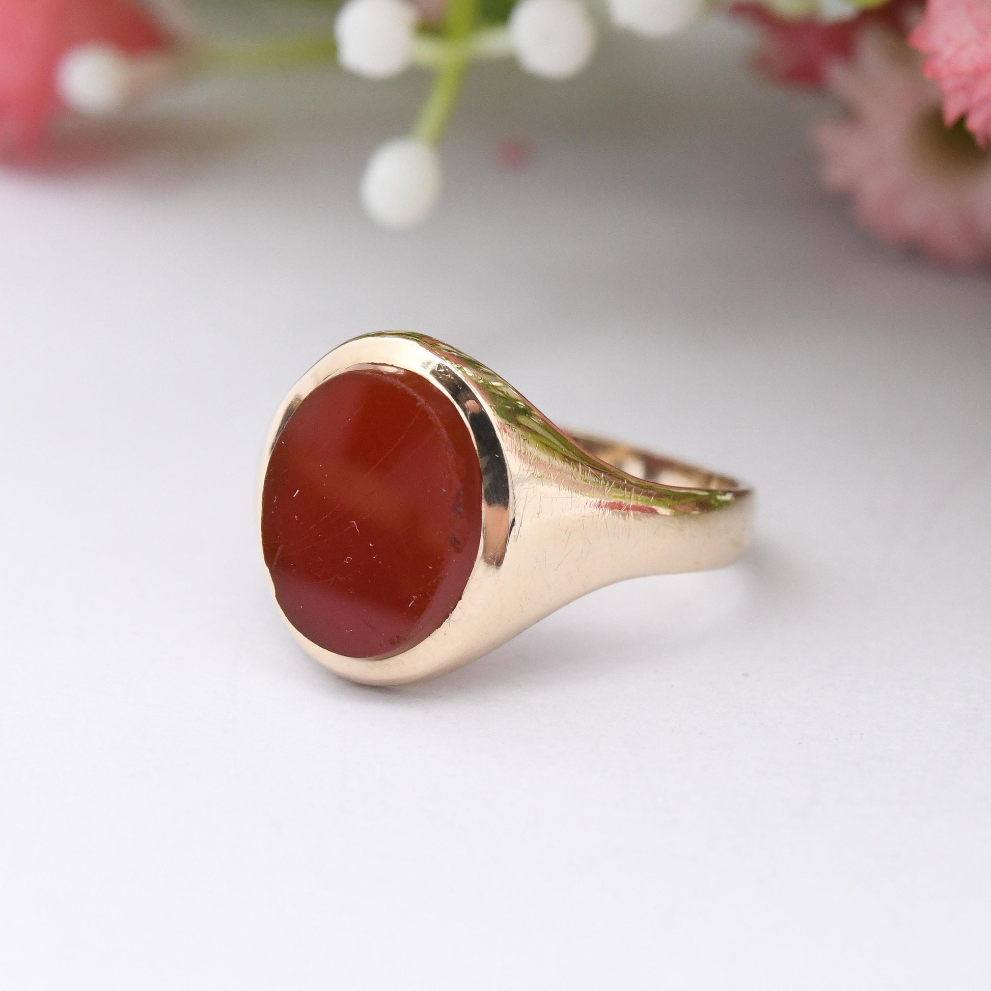 Vintage 9ct Gold Carnelian Signet Ring 1980s - Small Unisex Solid Gold Pinkie Ring | Gift for Boyfriend | UK Size - J | US Size - 4 3/4