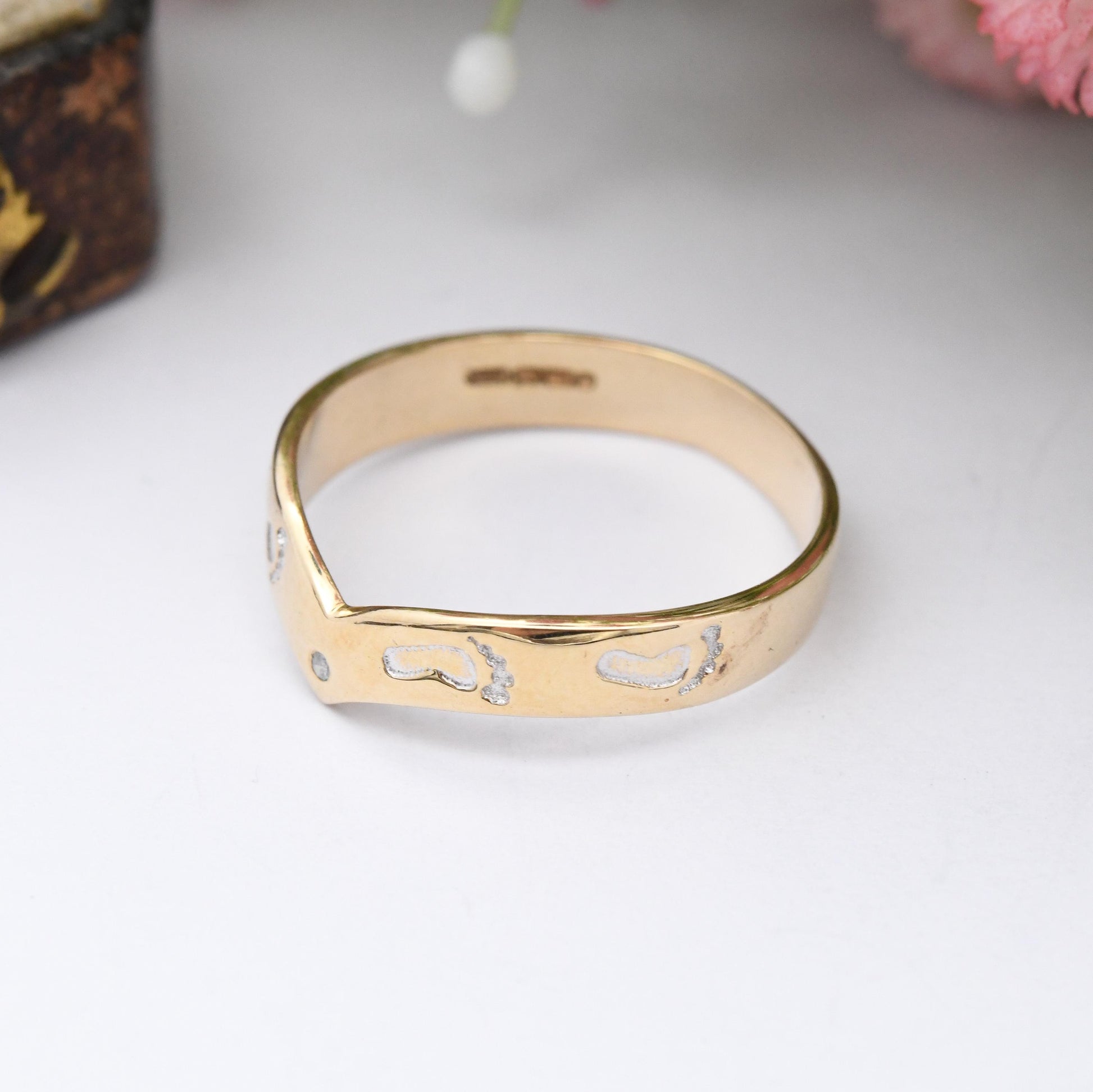 Vintage 9ct Gold Footprints Wishbone Ring with Diamond Brooks & Bentley - Saw One Set of Footprints Poem | UK Size - R 1/2 | US Size - 8 3/4