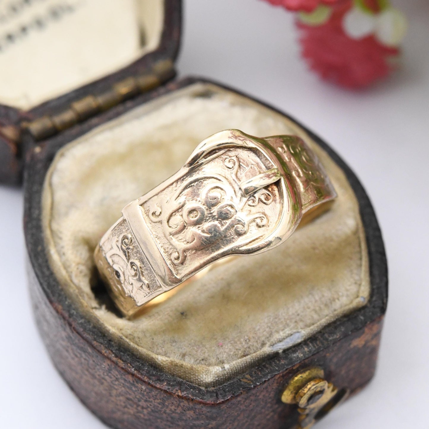 Vintage 9ct Gold Buckle Ring 1963 CPS - Victorian Style Belt Buckle Everyday Unisex Gold Detailed Band Ring | UK Size - T 1/2 | US Size - 10