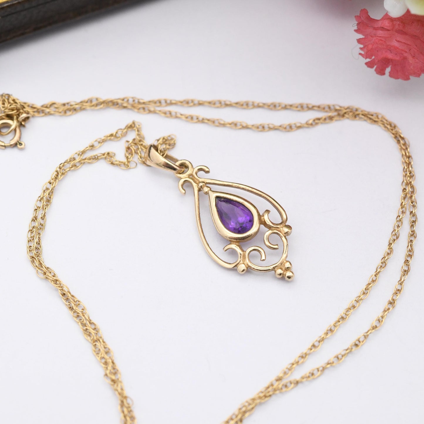 Vintage 9ct Gold Amethyst Pendant Necklace - Purple Teardrop Pretty Ornate Solid Gold Jewellery Gift for Her | Prince of Wales Trace Chain