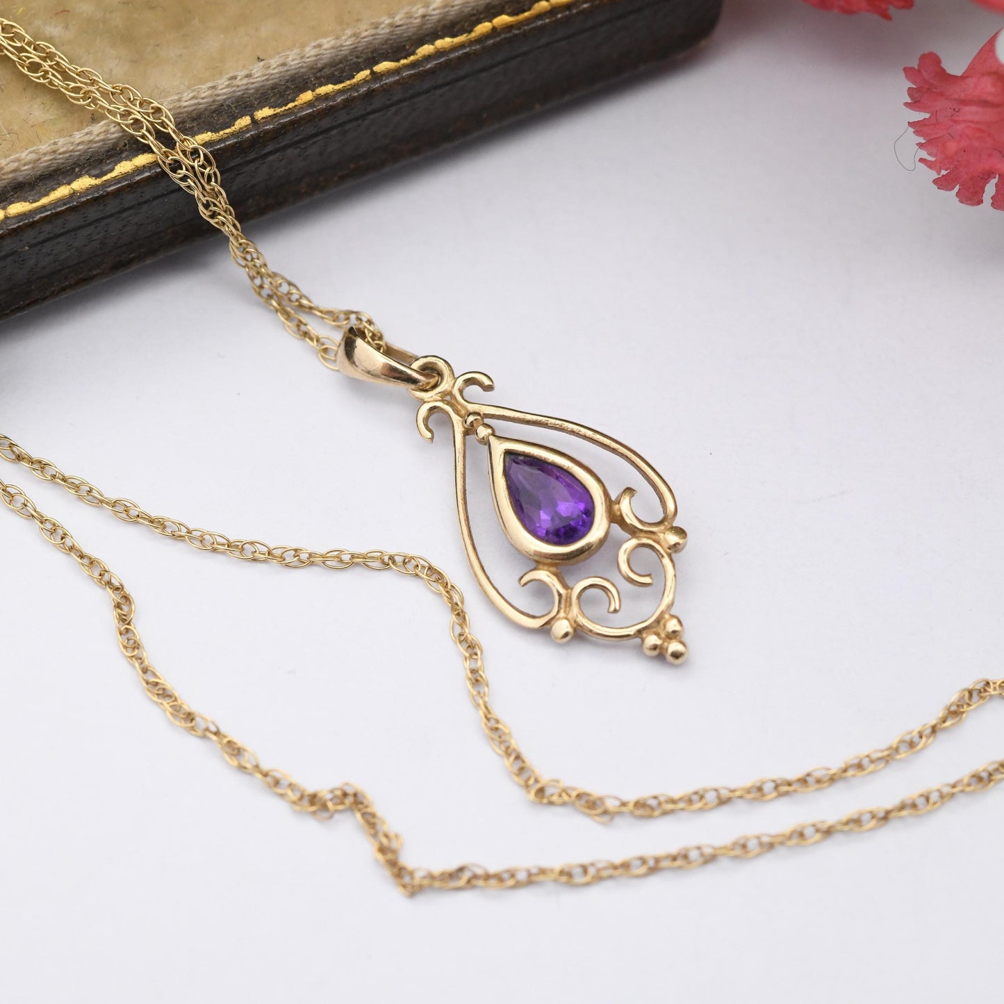 Vintage 9ct Gold Amethyst Pendant Necklace - Purple Teardrop Pretty Ornate Solid Gold Jewellery Gift for Her | Prince of Wales Trace Chain