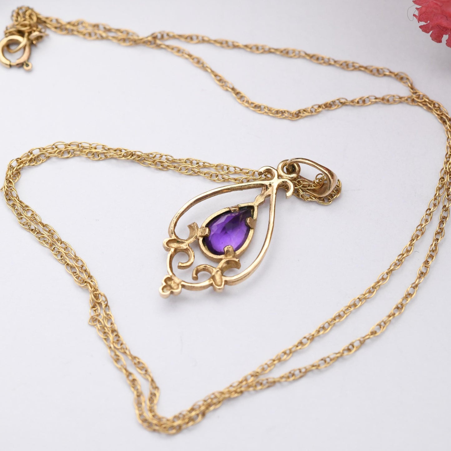 Vintage 9ct Gold Amethyst Pendant Necklace - Purple Teardrop Pretty Ornate Solid Gold Jewellery Gift for Her | Prince of Wales Trace Chain