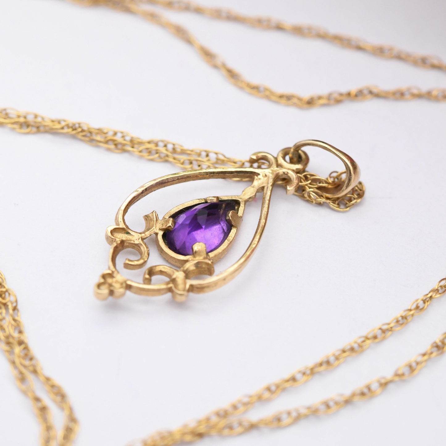 Vintage 9ct Gold Amethyst Pendant Necklace - Purple Teardrop Pretty Ornate Solid Gold Jewellery Gift for Her | Prince of Wales Trace Chain