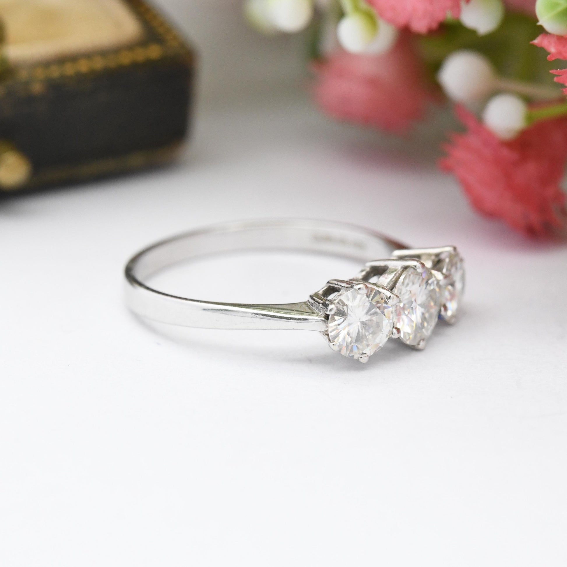 Vintage 9ct White Gold CZ Three Stone Ring - Large Round Trilogy Ring Solid Gold JEwellery Gift for Her | UK Size - N | US Size - 6 3/4
