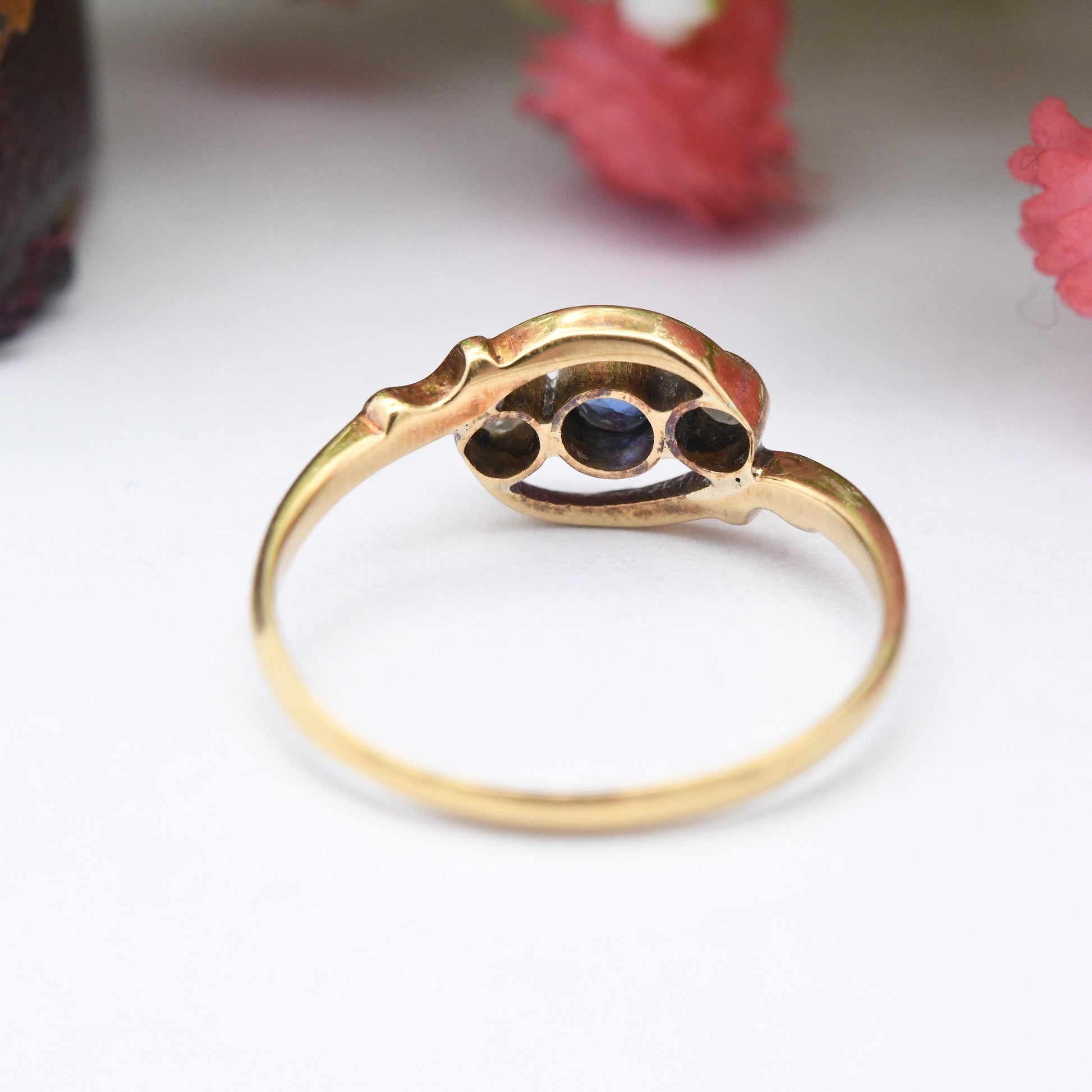 Antique 18ct Gold Diamond and Sapphire Three Stone Crossover Ring - Edwardian Trilogy | Rose Cut Diamonds | UK Size - L 1/2 | US Size - 6