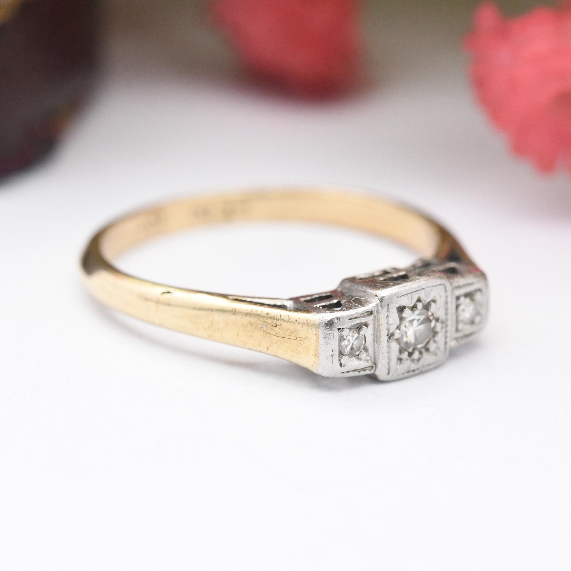Vintage 9ct Gold and Platinum Three Stone Diamond Ring - Art Deco Era Trilogy 3 Stone Engagement Ring | UK Size - K | US Size - 5 1/4