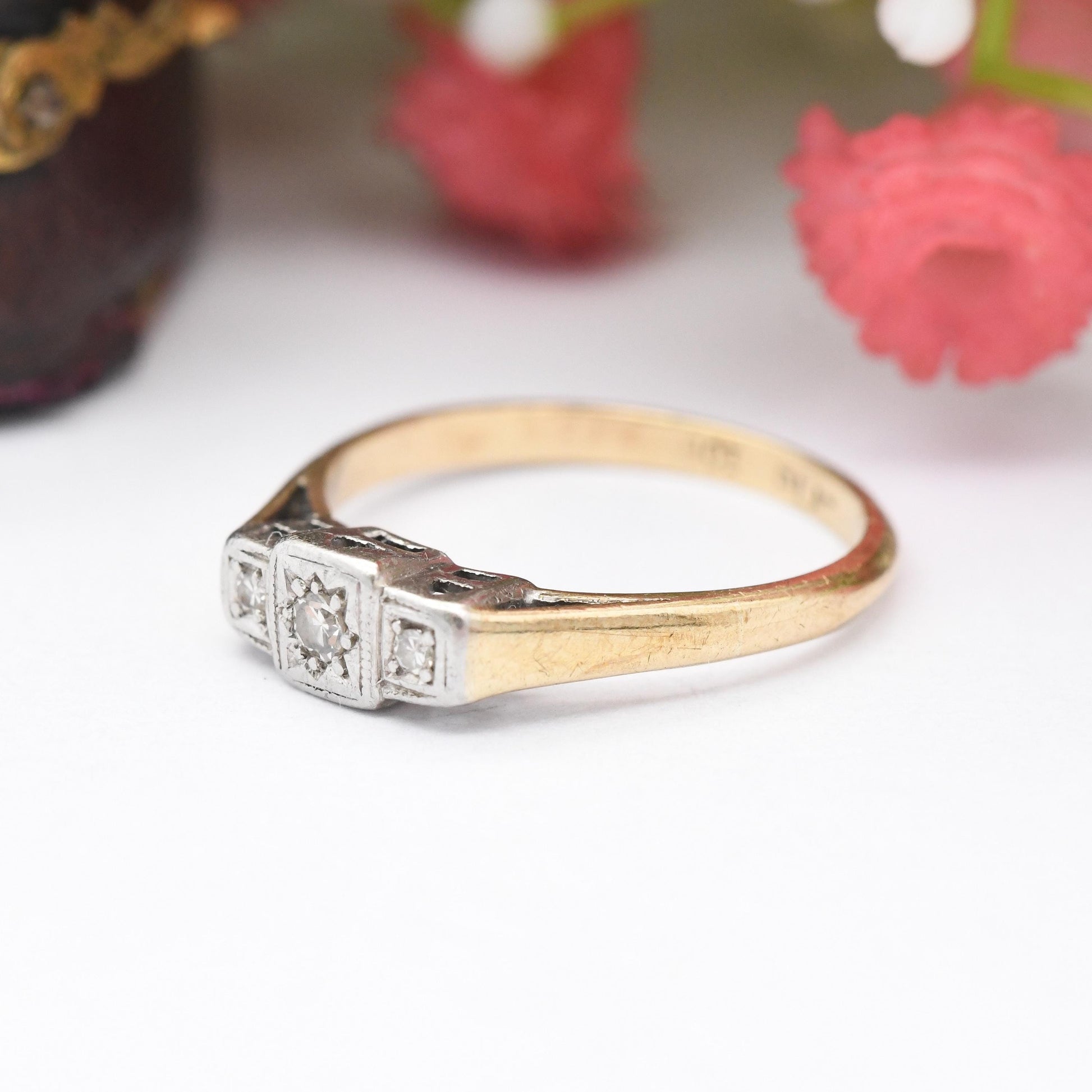 Vintage 9ct Gold and Platinum Three Stone Diamond Ring - Art Deco Era Trilogy 3 Stone Engagement Ring | UK Size - K | US Size - 5 1/4