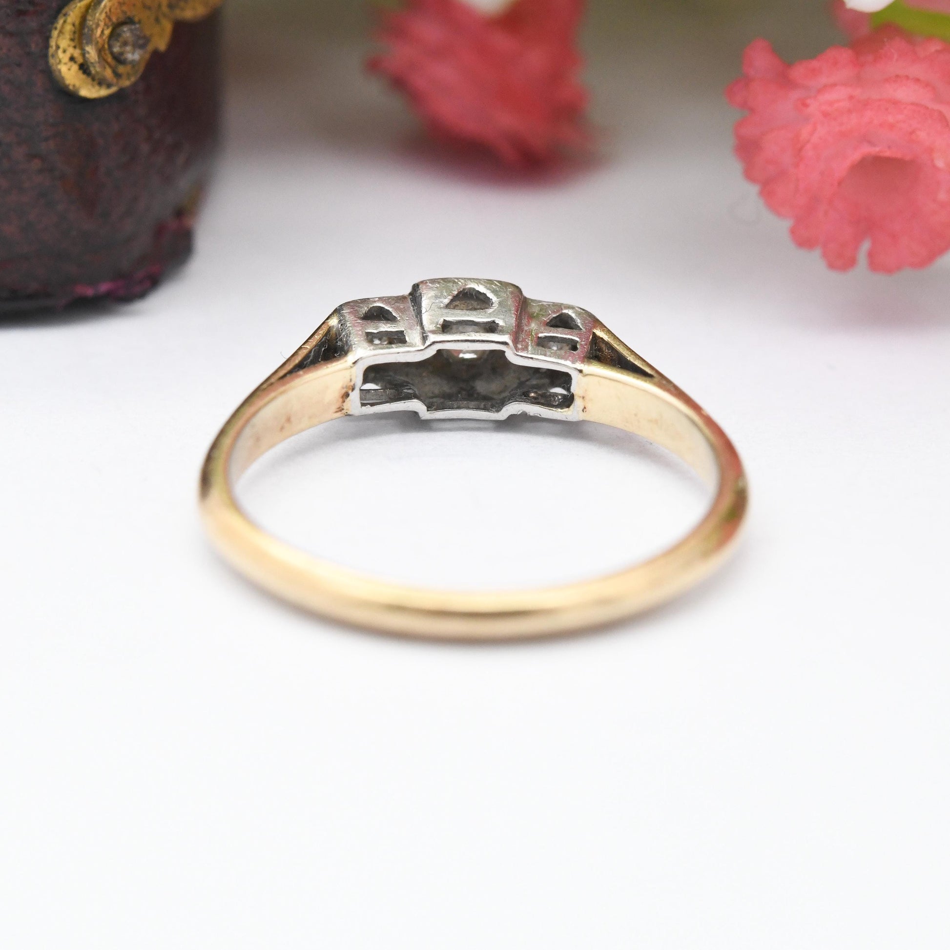 Vintage 9ct Gold and Platinum Three Stone Diamond Ring - Art Deco Era Trilogy 3 Stone Engagement Ring | UK Size - K | US Size - 5 1/4