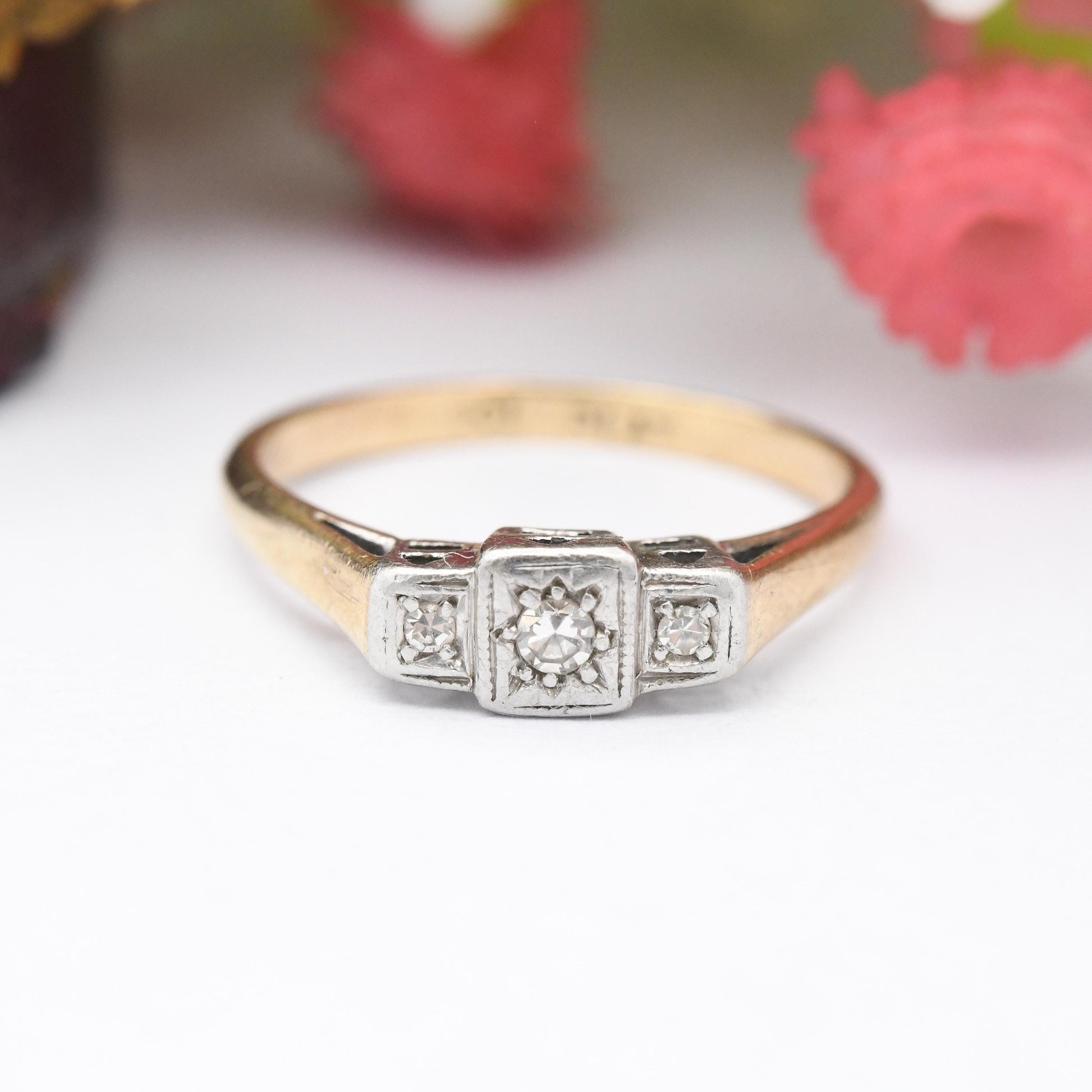 Vintage 9ct Gold and Platinum Three Stone Diamond Ring - Art Deco Era Trilogy 3 Stone Engagement Ring | UK Size - K | US Size - 5 1/4