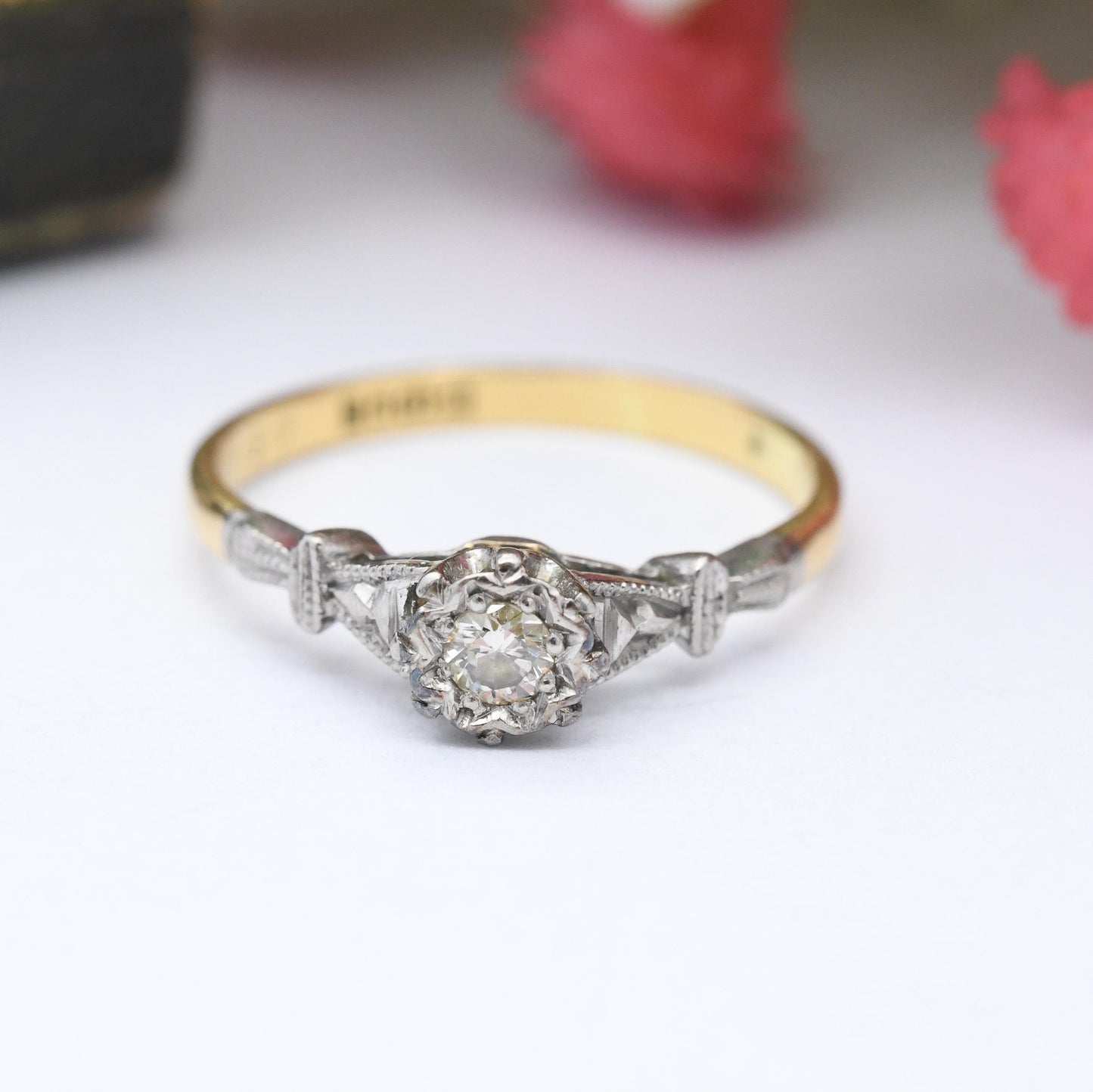 Vintage 18ct Gold Solitaire Diamond Ring 1964 - Illusion Set Engagement Ring | Two Tone Yellow and White | UK Size - L | US Size - 5 3/4