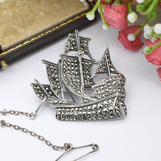 Vintage Sterling Silver Sailing Ship Brooch c.1950s - Figural Sailing Ship | Statement Sparkly Brooch | Unisex Jewellery Gift