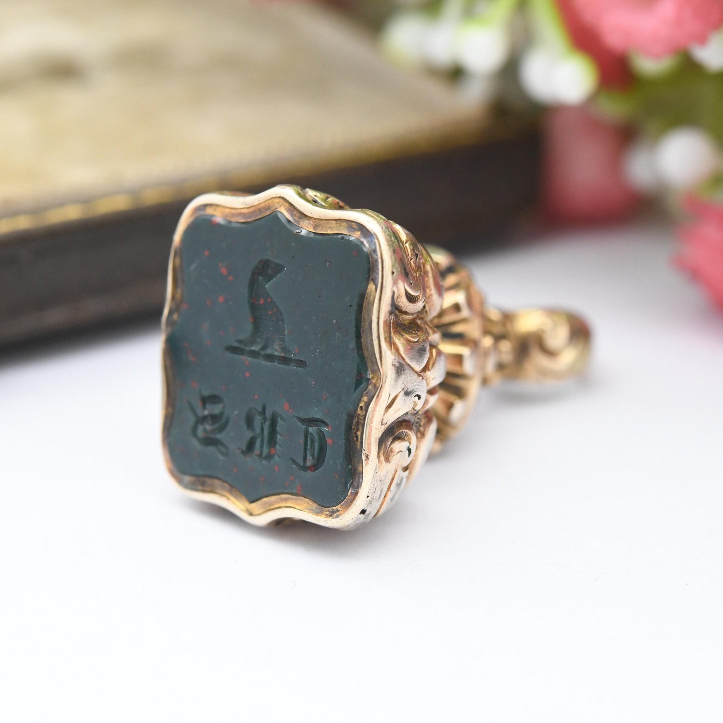 Antique Rolled Gold Bloodstone Seal Fob Pendant JRS - Carved Gemstone Intaglio Watch Fob Pendant | Ornate Victorian Jewellery | Family Crest