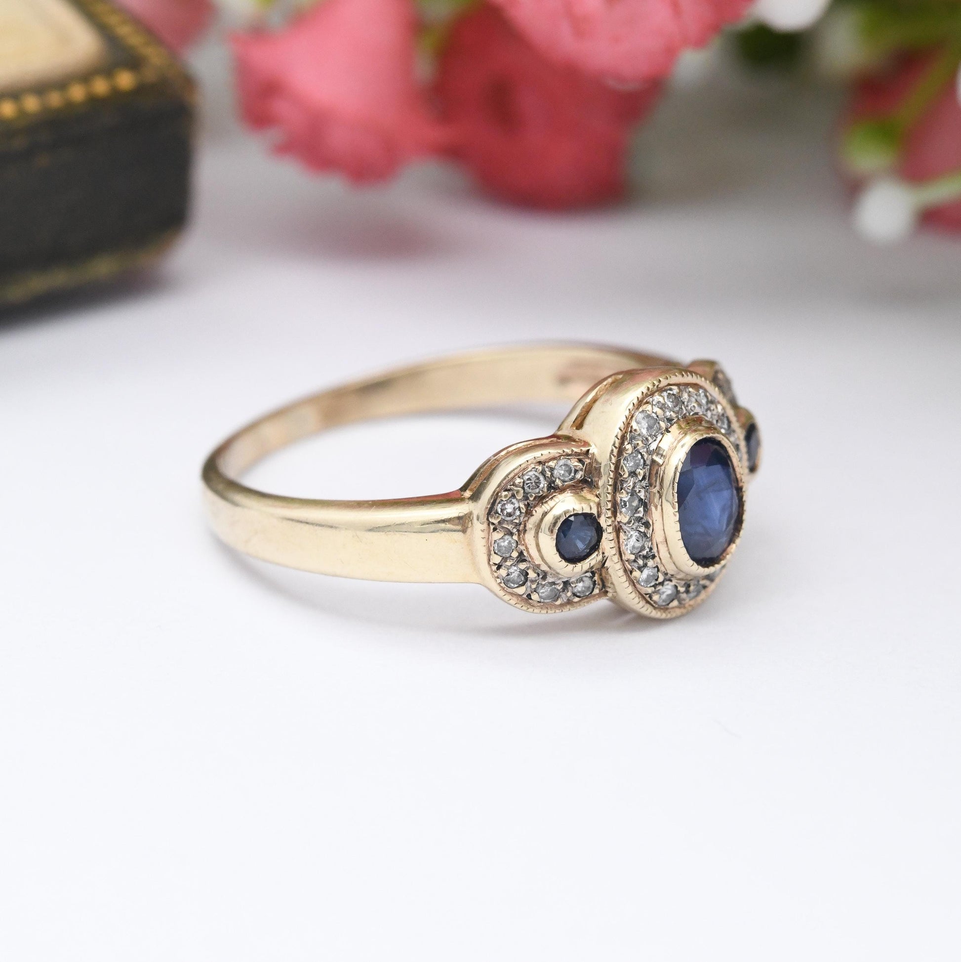 Vintage 9ct Gold Sapphire and Diamond Three Stone Halo Ring - Statement Cocktail Blue Engagement Ring Milgrain | UK Size - P US Size - 7 3/4