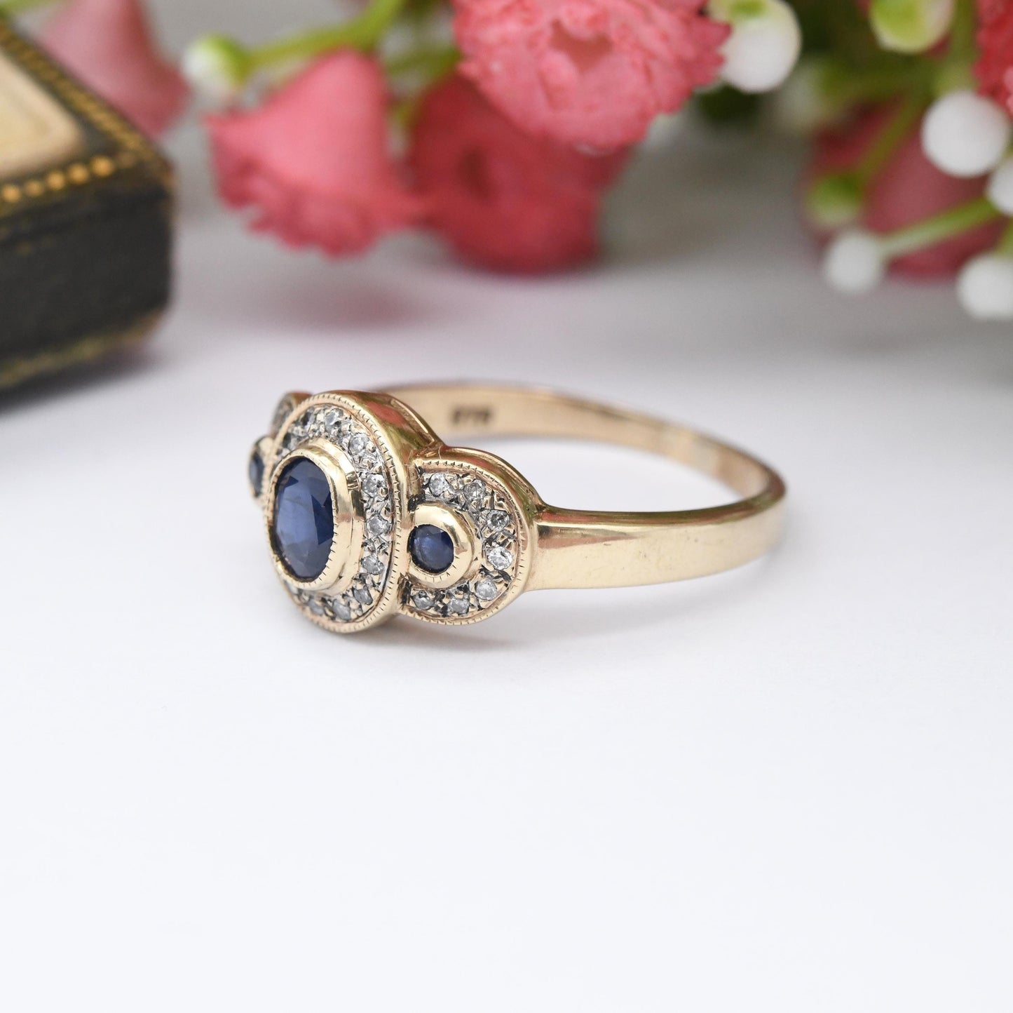 Vintage 9ct Gold Sapphire and Diamond Three Stone Halo Ring - Statement Cocktail Blue Engagement Ring Milgrain | UK Size - P US Size - 7 3/4