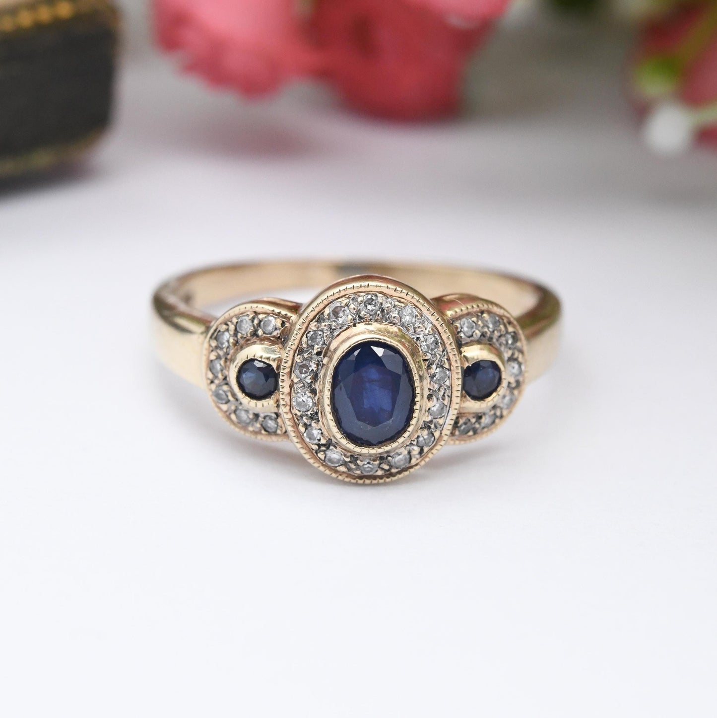 Vintage 9ct Gold Sapphire and Diamond Three Stone Halo Ring - Statement Cocktail Blue Engagement Ring Milgrain | UK Size - P US Size - 7 3/4