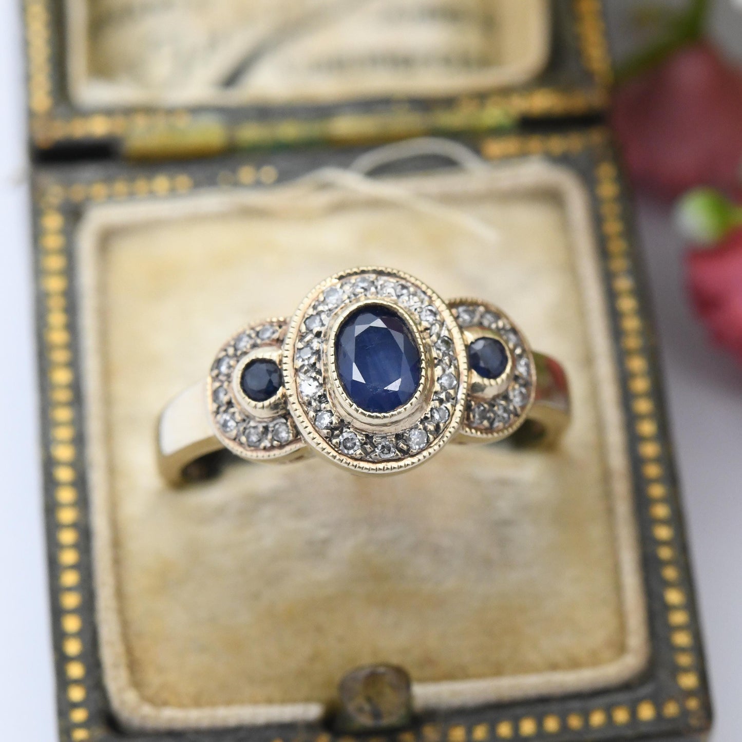 Vintage 9ct Gold Sapphire and Diamond Three Stone Halo Ring - Statement Cocktail Blue Engagement Ring Milgrain | UK Size - P US Size - 7 3/4