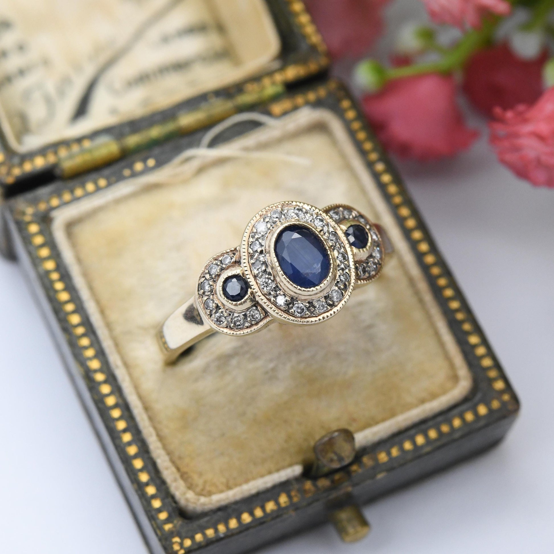 Vintage 9ct Gold Sapphire and Diamond Three Stone Halo Ring - Statement Cocktail Blue Engagement Ring Milgrain | UK Size - P US Size - 7 3/4