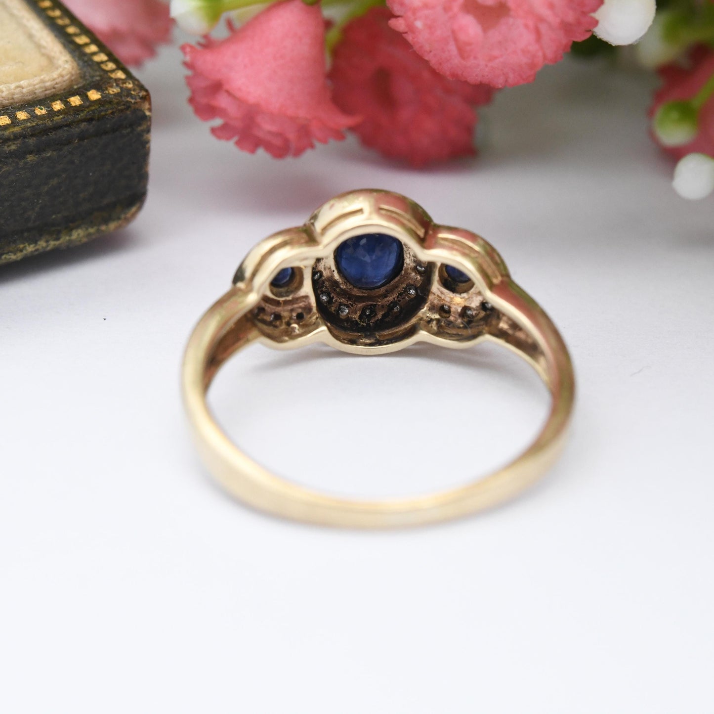 Vintage 9ct Gold Sapphire and Diamond Three Stone Halo Ring - Statement Cocktail Blue Engagement Ring Milgrain | UK Size - P US Size - 7 3/4