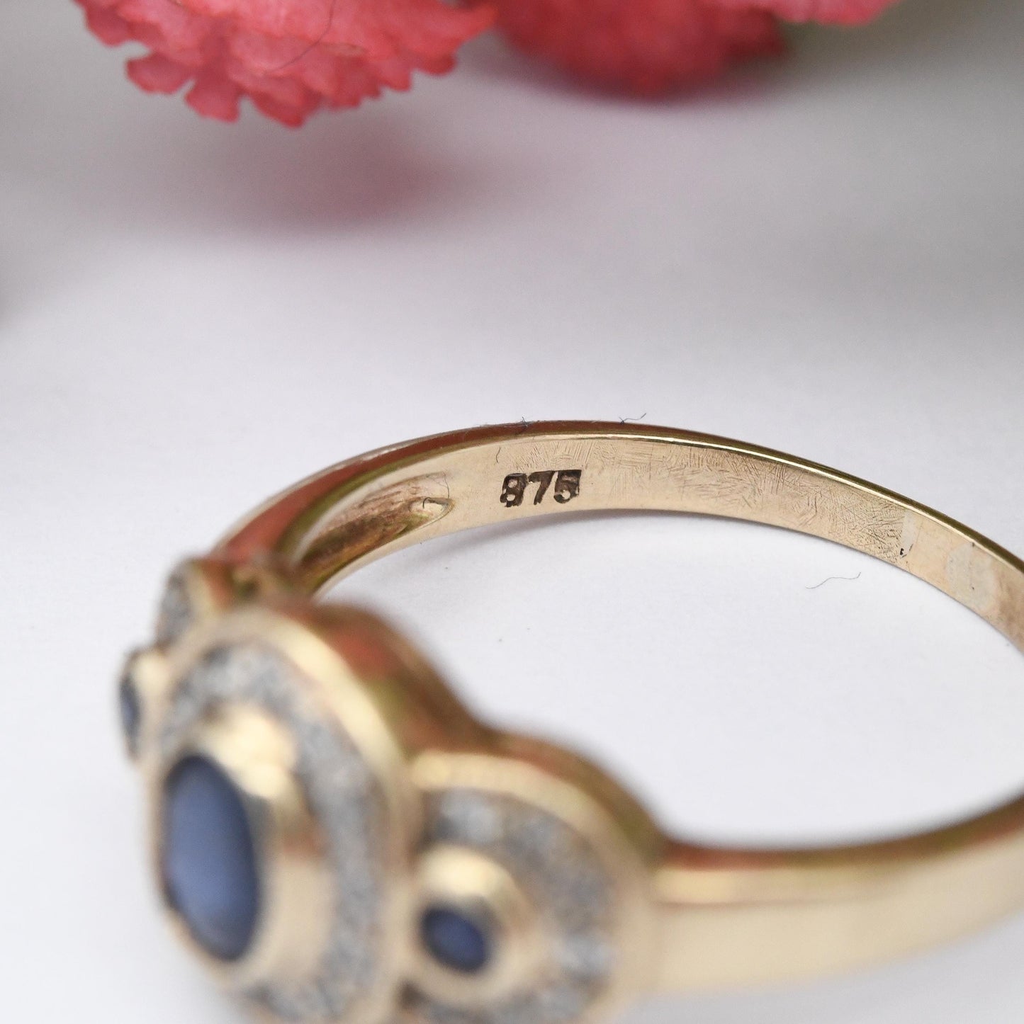 Vintage 9ct Gold Sapphire and Diamond Three Stone Halo Ring - Statement Cocktail Blue Engagement Ring Milgrain | UK Size - P US Size - 7 3/4