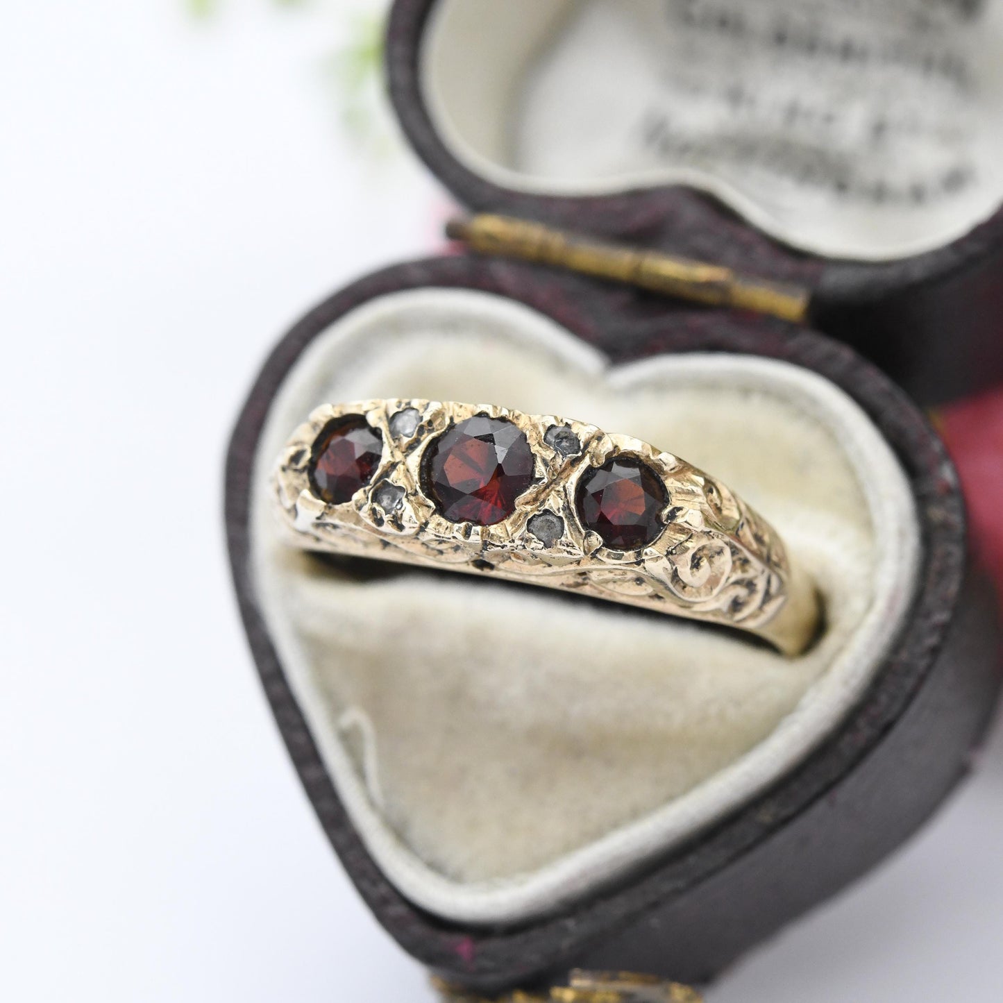 Vintage 9ct Gold Garnet Three Stone Ring 1979 Clear Stone Accent - Red Antique Style Trilogy Jewellery Gift | UK Size - R | US Size - 8 1/2