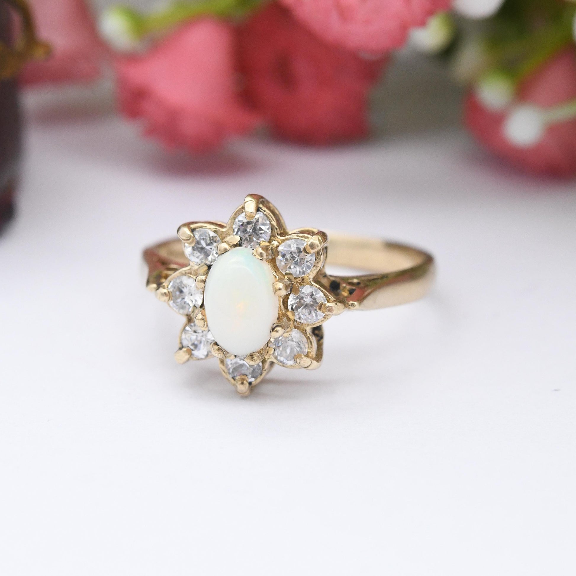 Vintage 9ct Gold Opal Floral Cluster Ring 1982 - Pretty Mid-Century Flower Ring with Clear Stones Halo | UK Size - L | US Size - 5 3/4