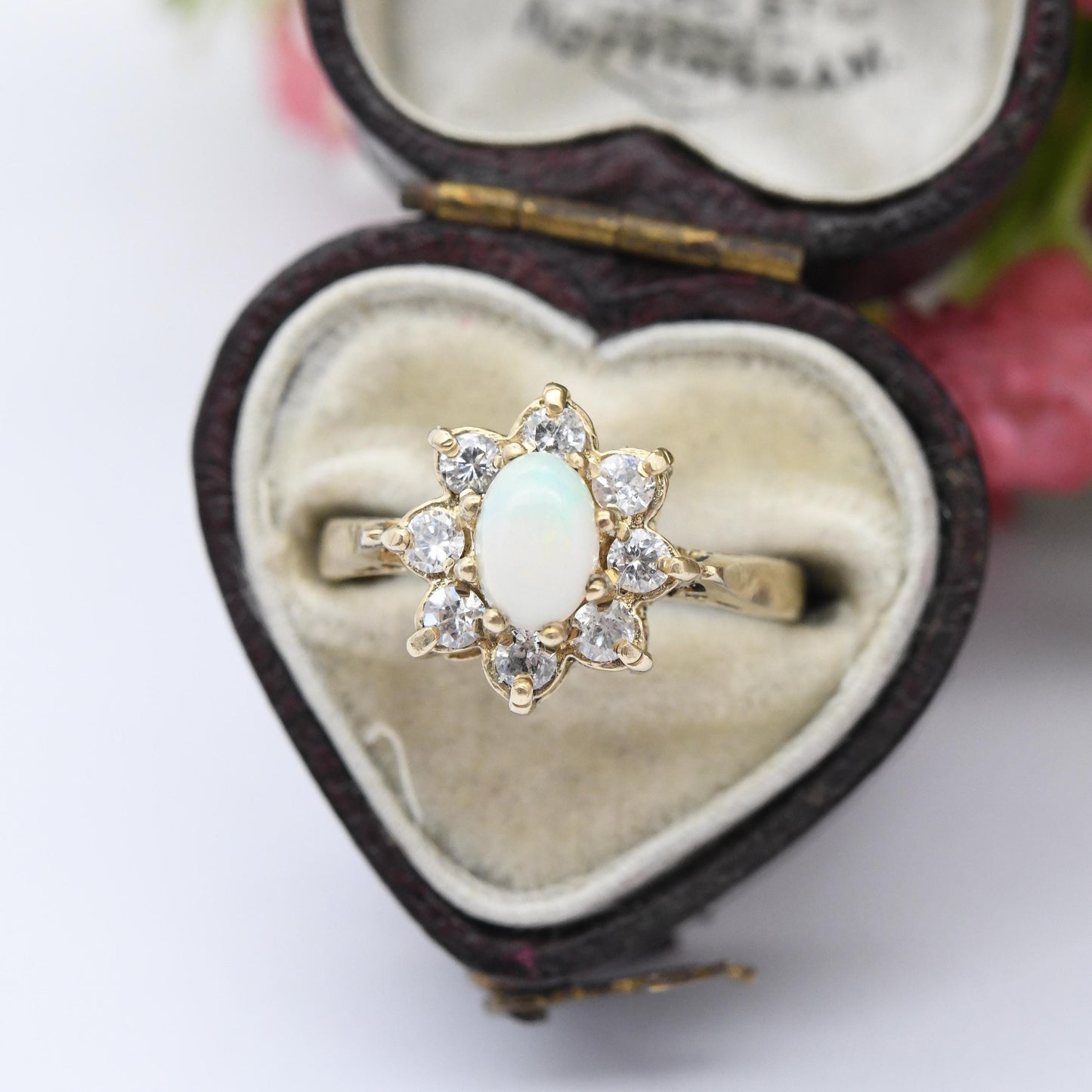 Vintage 9ct Gold Opal Floral Cluster Ring 1982 - Pretty Mid-Century Flower Ring with Clear Stones Halo | UK Size - L | US Size - 5 3/4