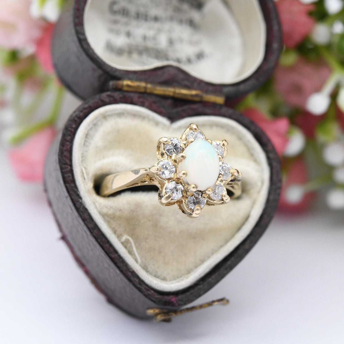 Vintage 9ct Gold Opal Floral Cluster Ring 1982 - Pretty Mid-Century Flower Ring with Clear Stones Halo | UK Size - L | US Size - 5 3/4