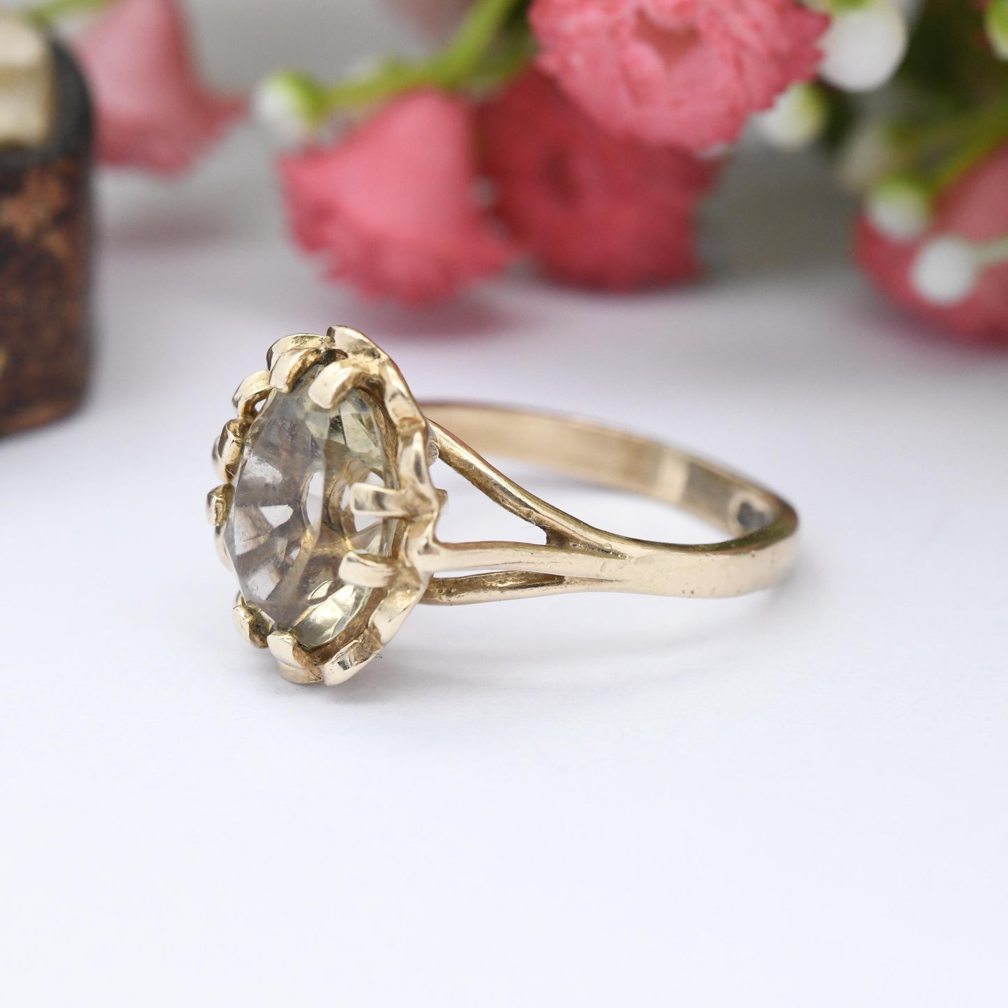 Vintage 9ct Gold Citrine Ring 1980 - Cocktail Ring Large Faceted Gemstone Jewellery | Small Size Gift for Her | UK Size - J 1/2 US Size - 5