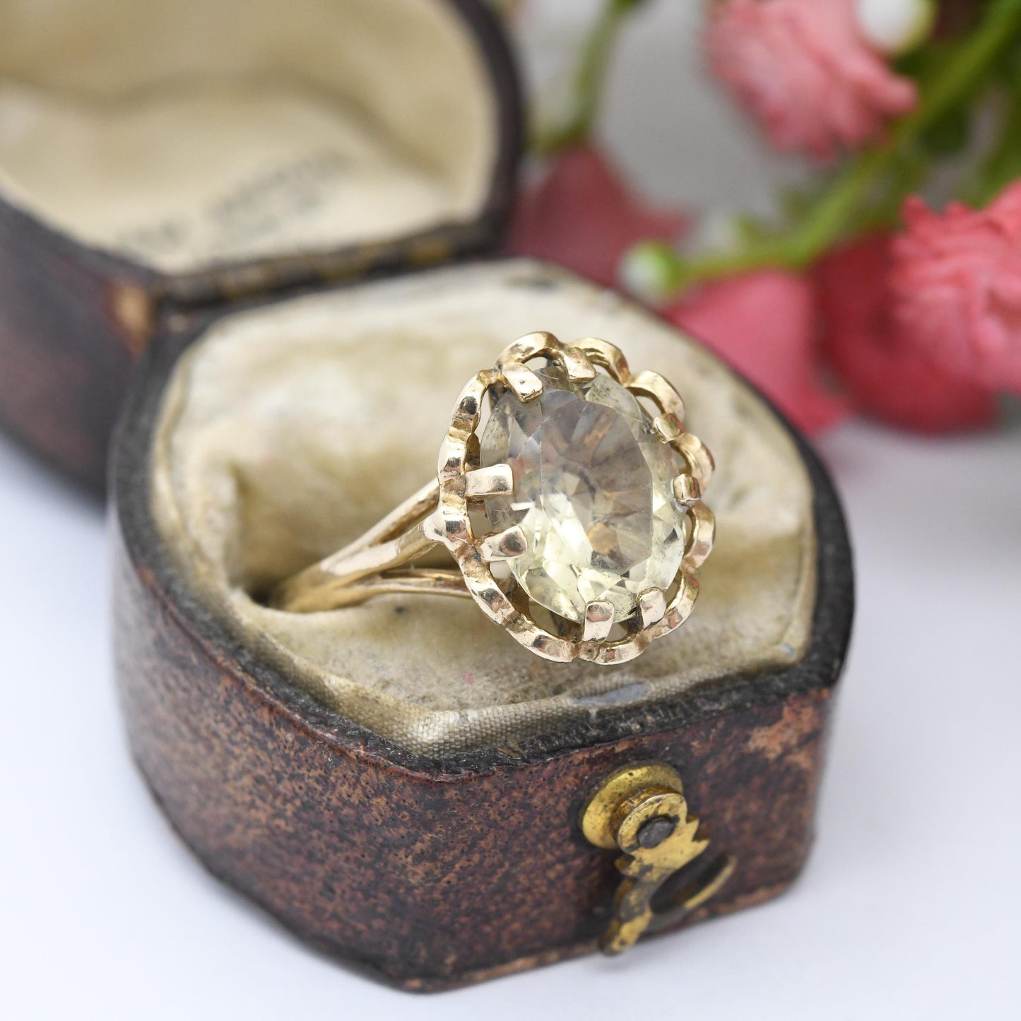 Vintage 9ct Gold Citrine Ring 1980 - Cocktail Ring Large Faceted Gemstone Jewellery | Small Size Gift for Her | UK Size - J 1/2 US Size - 5