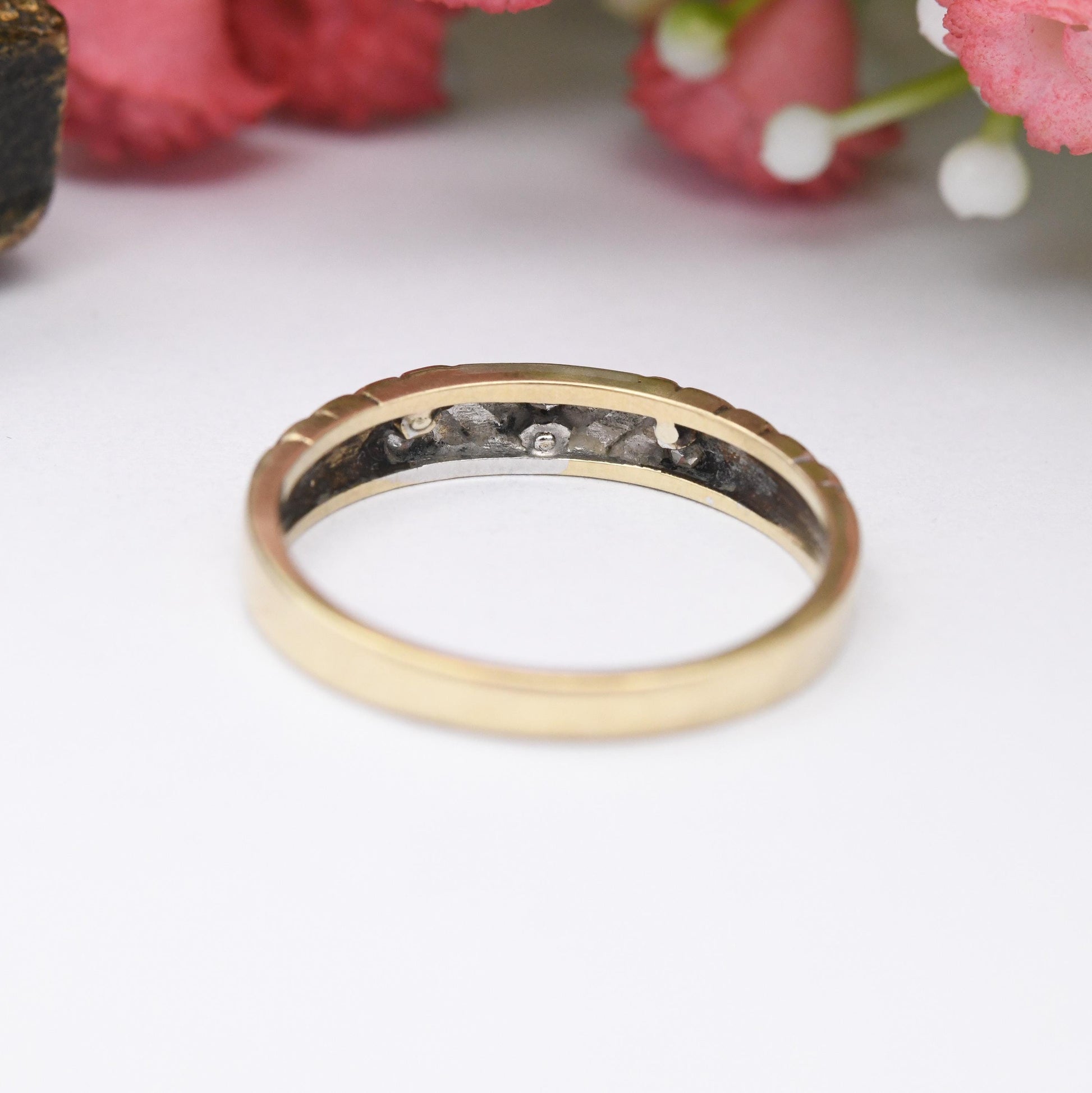 Vintage 9ct Gold Diamond Two-Tone Ring 1978 - 3 Stone Engagement Wedding Band Unisex Stacking Ring | UK Size - M 1/2 | US Size - 6 1/2