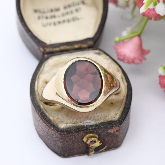 Vintage 9ct Gold Garnet Signet Ring 1998 - Chunky Large Men's Ring Faceted Red Stone Jewellery Gift for Him | UK Size T 1/2 | US Size 9 3/4