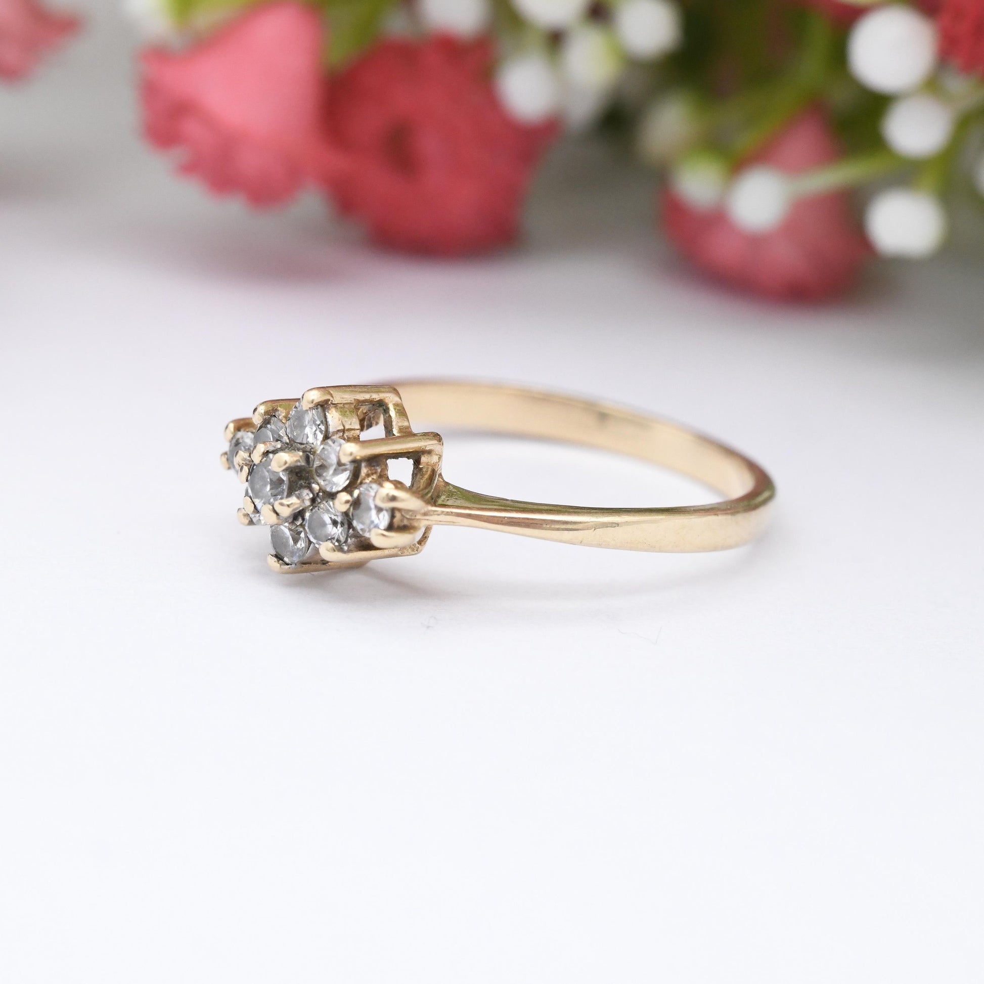 Vintage 9ct Gold Cluster Ring CZ 1984 - Delicate Style Placeholder Engagement Ring Pretty Gift for Her | UK Size - M | US Size - 6 1/4