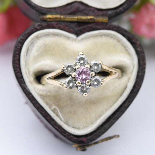 Vintage 9ct Gold Flower Ring Pink and White CZ - Mid-Century Floral Shape Cocktail Sparkly Jewellery Gift | UK Size - L 1/2 | US Size - 6