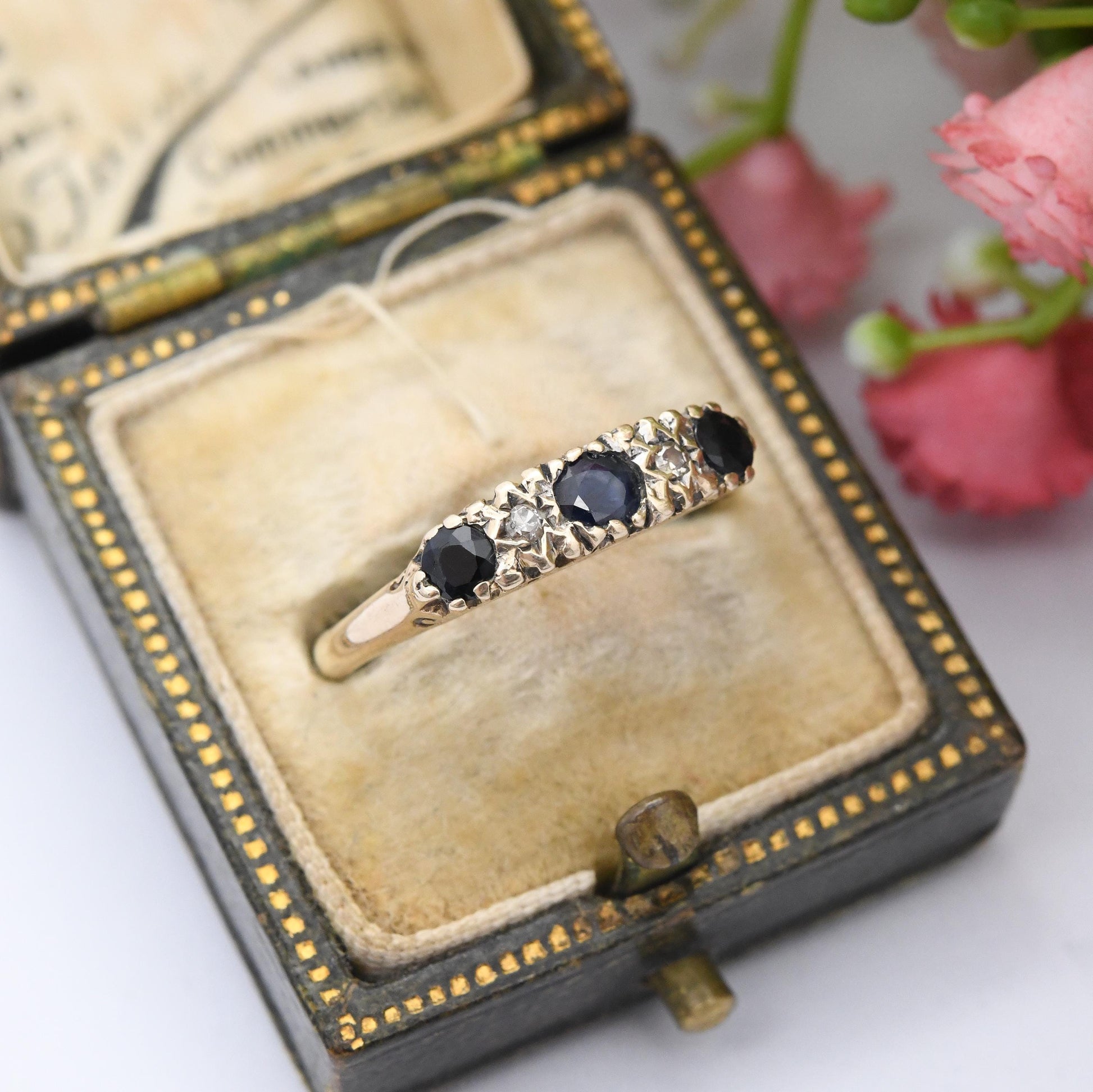 Vintage 9ct Gold Sapphire and Diamond Ring 1977 - Trilogy Three Stone Ring with Diamond Accents | UK Size - L | US Size - 5 3/4