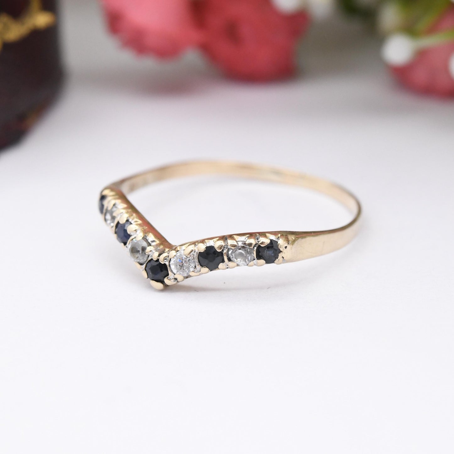 Vintage 9ct Gold Sapphire & Cubic Zirconia Wishbone Ring 1984 - CZ and Blue Engagement Ring Delicate Stacker | UK Size - T 1/2 US Size - 10