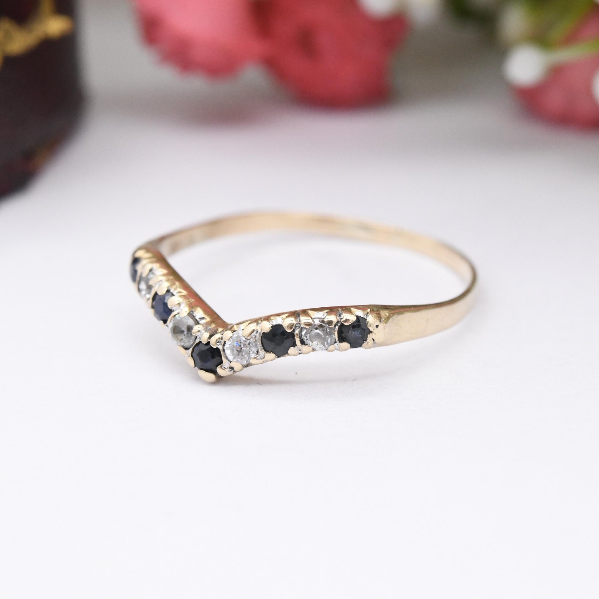 Vintage 9ct Gold Sapphire & Cubic Zirconia Wishbone Ring 1984 - CZ and Blue Engagement Ring Delicate Stacker | UK Size - T 1/2 US Size - 10