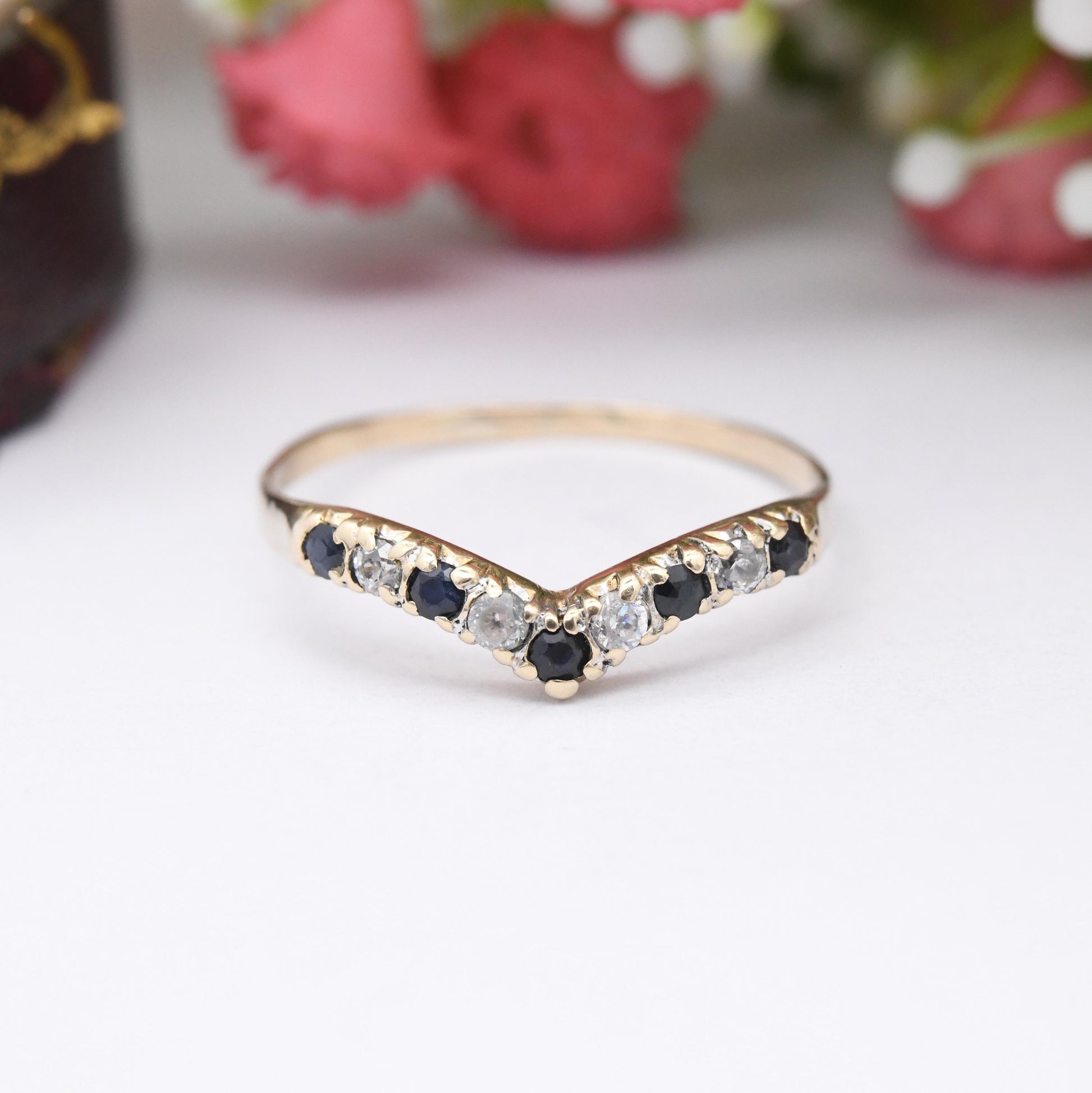 Vintage 9ct Gold Sapphire & Cubic Zirconia Wishbone Ring 1984 - CZ and Blue Engagement Ring Delicate Stacker | UK Size - T 1/2 US Size - 10