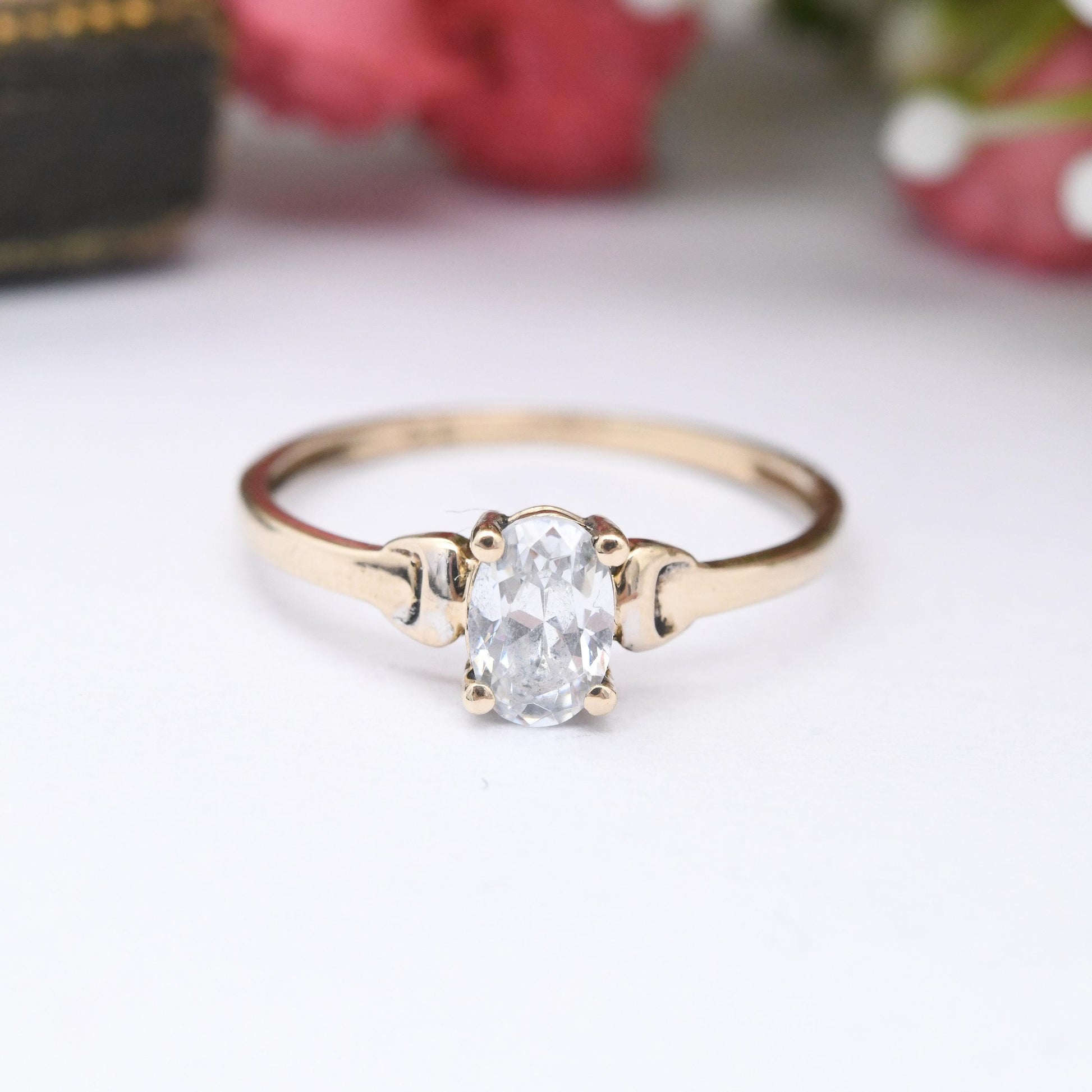 Vintage 9ct Gold Solitaire Ring - Delicate White Stone Engagement Ring Placeholder | Oval Cut Stone | UK Size - N | US Size - 6 1/2