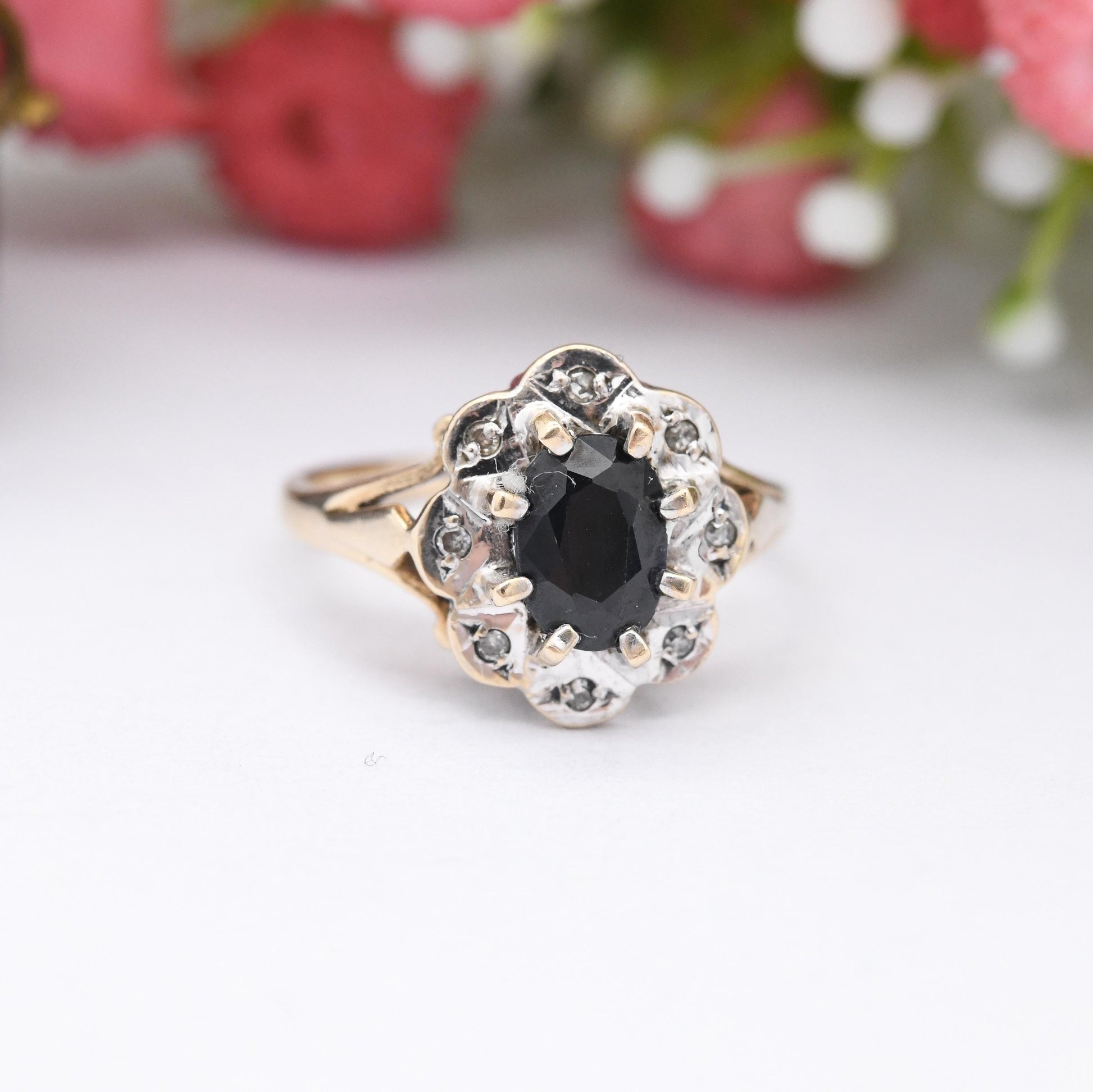 Vintage 9ct Gold Sapphire and Diamond Flower Halo Ring 1987 - Pretty Deep Blue Floral Ring Gift for Her | UK Size - I | US Size - 4 1/4