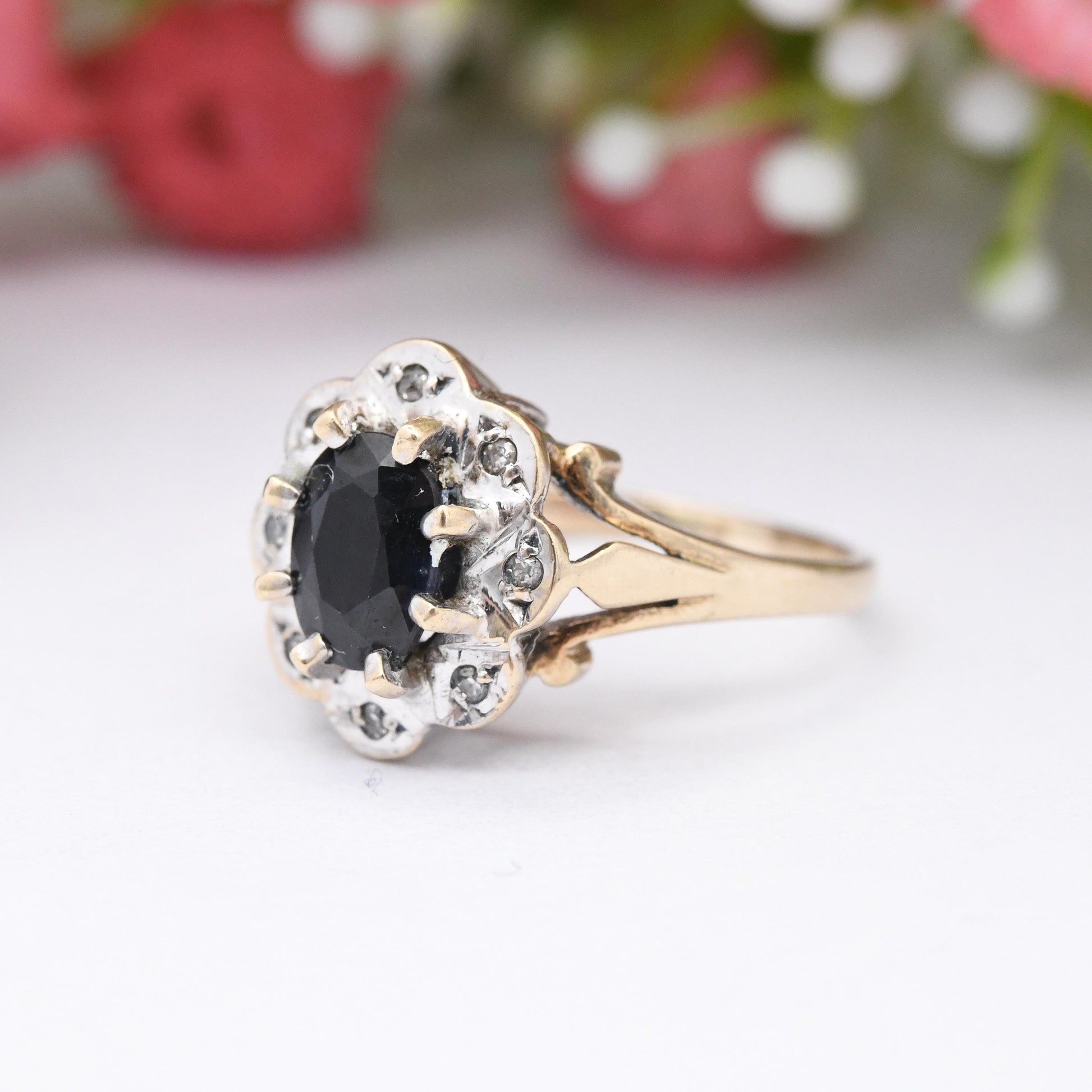 Vintage 9ct Gold Sapphire and Diamond Flower Halo Ring 1987 - Pretty Deep Blue Floral Ring Gift for Her | UK Size - I | US Size - 4 1/4