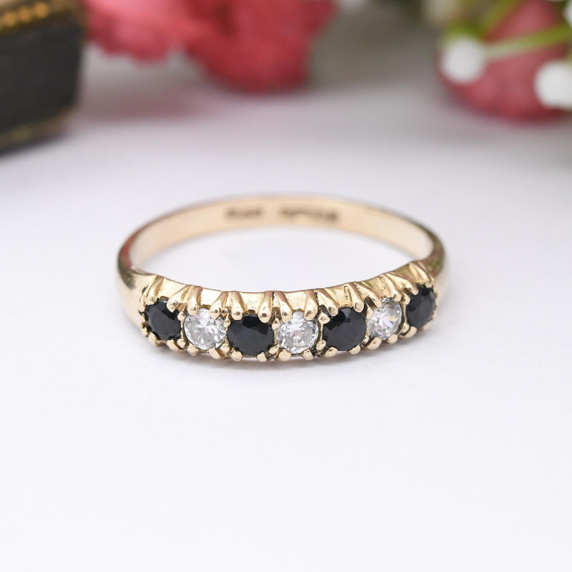 Vintage 9ct Gold Sapphire Half Eternity Ring 1994 - Blue and Clear Seven Stone Stacker Ring Pretty Gold Gift | UK Size - N | US Size - 6 3/4