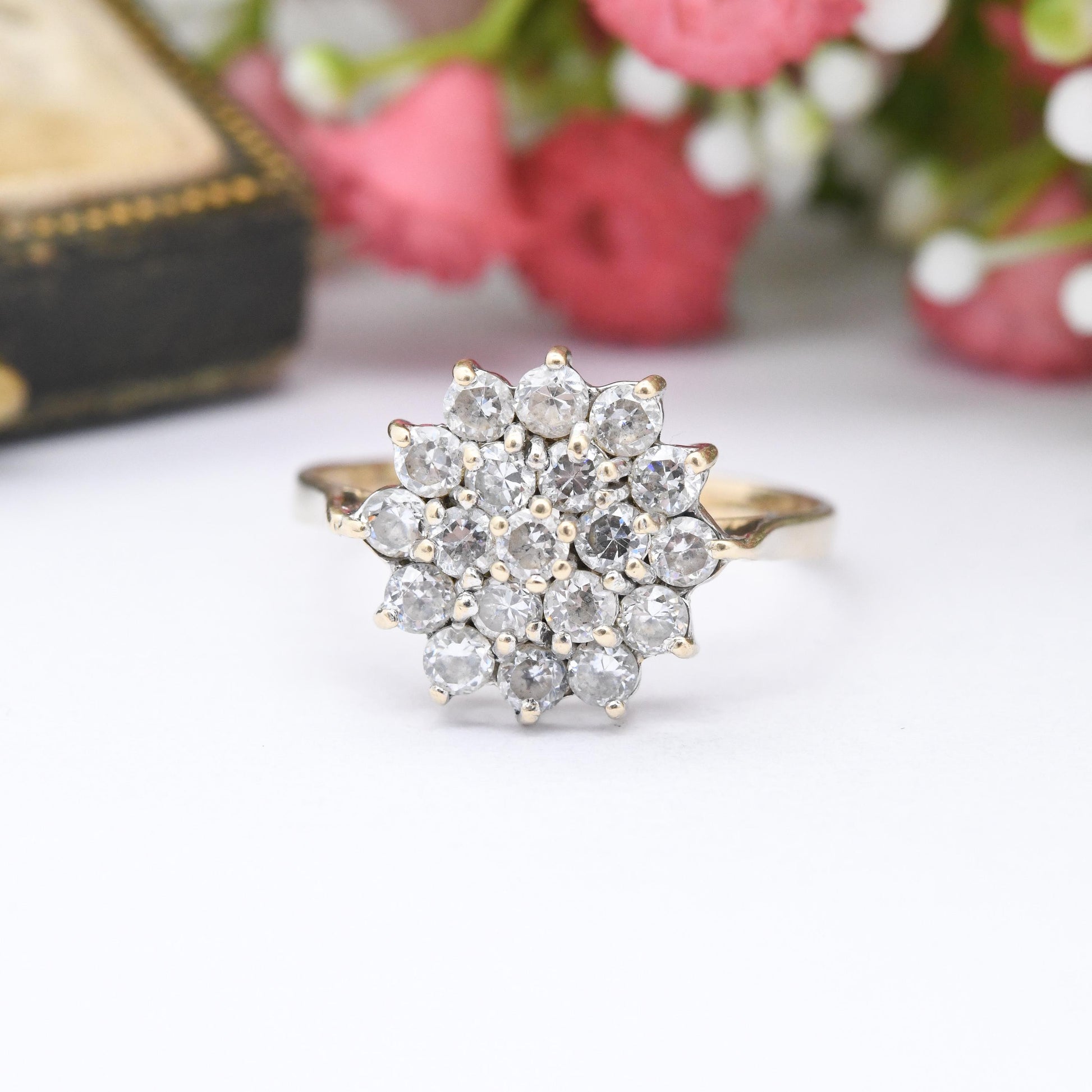 Vintage 9ct Gold CZ Cluster Ring - Large Statement Cocktail Ring | Sparkly Jewellery Gift for Her | UK Size - R 1/2 | US Size - 9