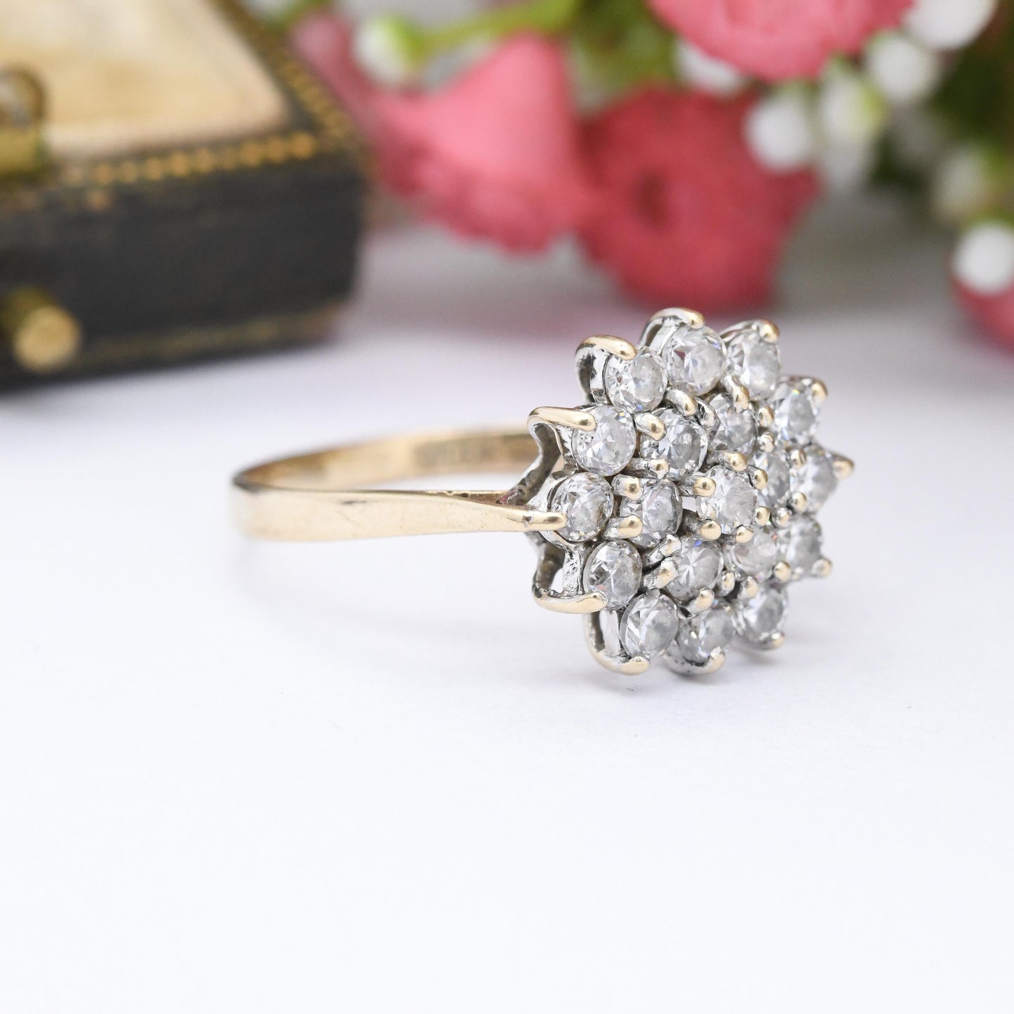 Vintage 9ct Gold CZ Cluster Ring - Large Statement Cocktail Ring | Sparkly Jewellery Gift for Her | UK Size - R 1/2 | US Size - 9