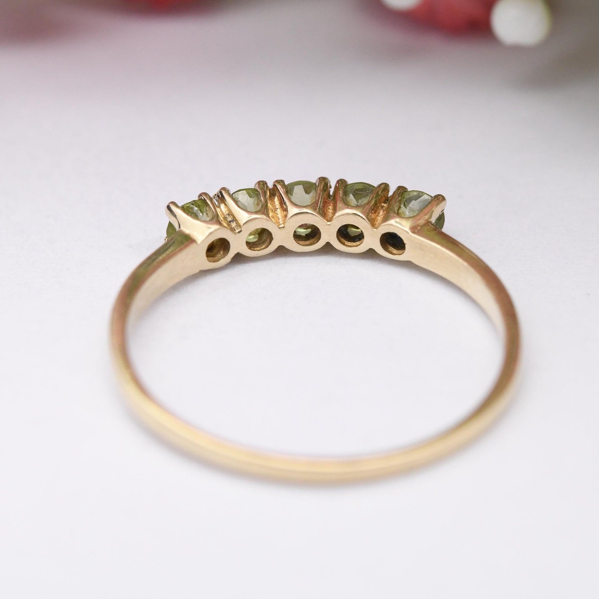 Vintage 9ct Gold Peridot Five Stone Ring - 5 Stone Stacking Ring Half Eternity | Green Gemstone Jewellery Gift | UK Size - P US Size - 7 1/2