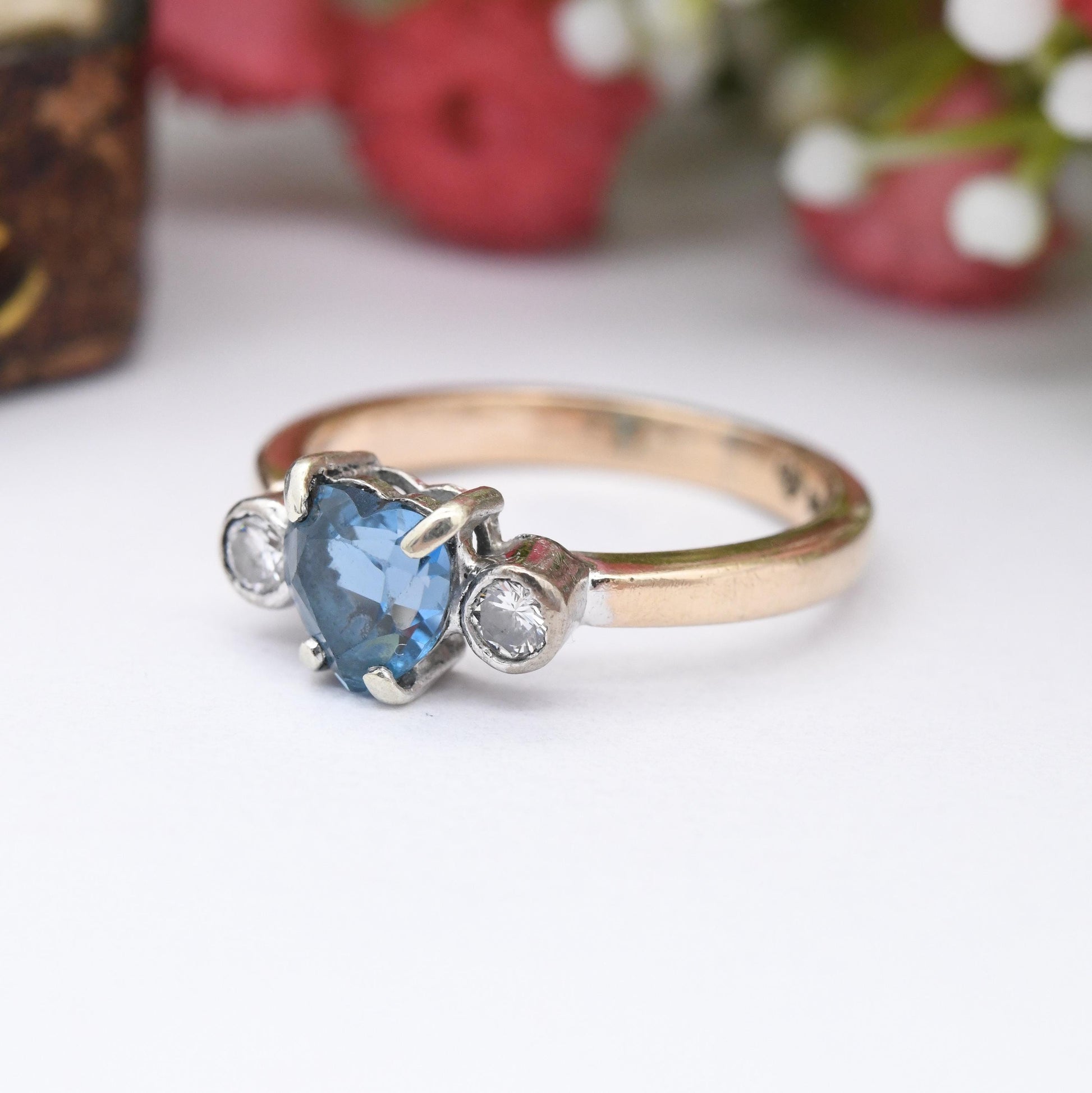 Vintage 9ct Gold Blue Stone and Diamond Three Stone Ring 2000 Heart Gemstone - Love Heart Shape Engagement | UK Size - M | US Size - 6 1/4