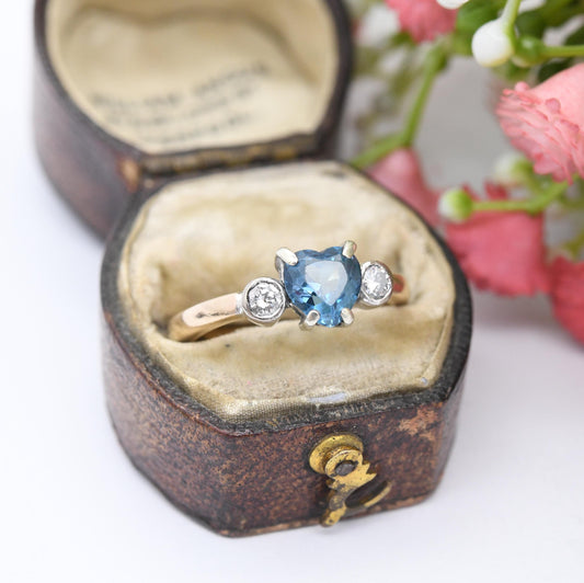 Vintage 9ct Gold Blue Stone and Diamond Three Stone Ring 2000 Heart Gemstone - Love Heart Shape Engagement | UK Size - M | US Size - 6 1/4